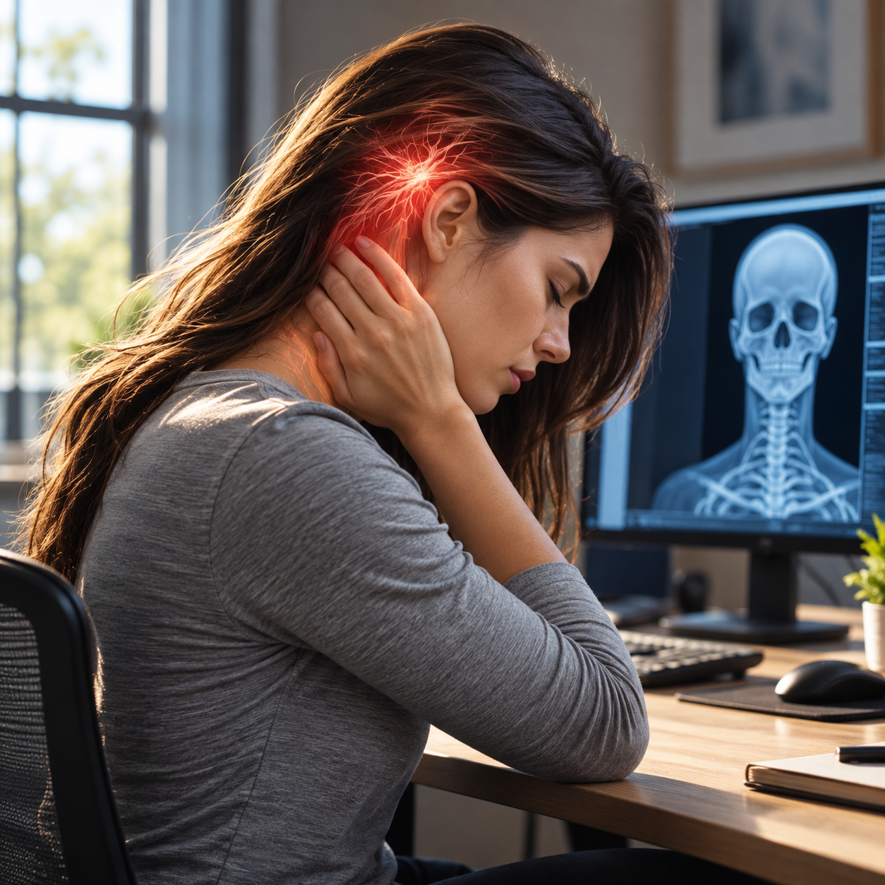 A woman sitting at a desk holding her neck with a lightning bolt-shaped symbol on her head indicating pain, with an MRI scan of a skull and brain in the background.