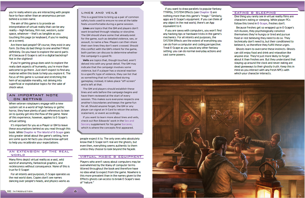 Image showing a two-page spread for the book. The top and bottom of each page has a purple band that gets narrower from outside in. Headers in a paler purple 3D box easily segregate the sections, as do sub-headers that have purple lines above & below