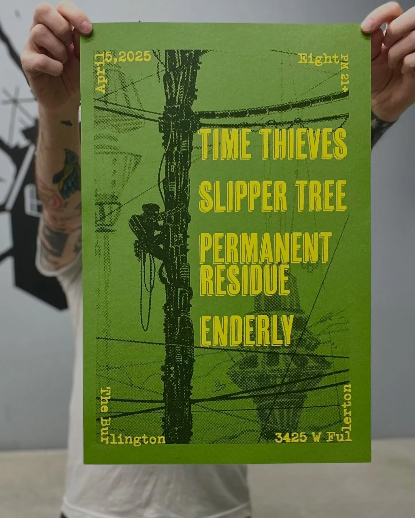 12.5&rdquo;x19&rdquo; 2 color prints on @frenchpaperco 100lb cardstock for the @timethieveschicago, @slippertree, @permanent_residue, and @enderlysalad show THIS SATURDAY 4/5 at @theburlingtonbar. Art by @yayitsnickpyle 

 Only a handful were printed