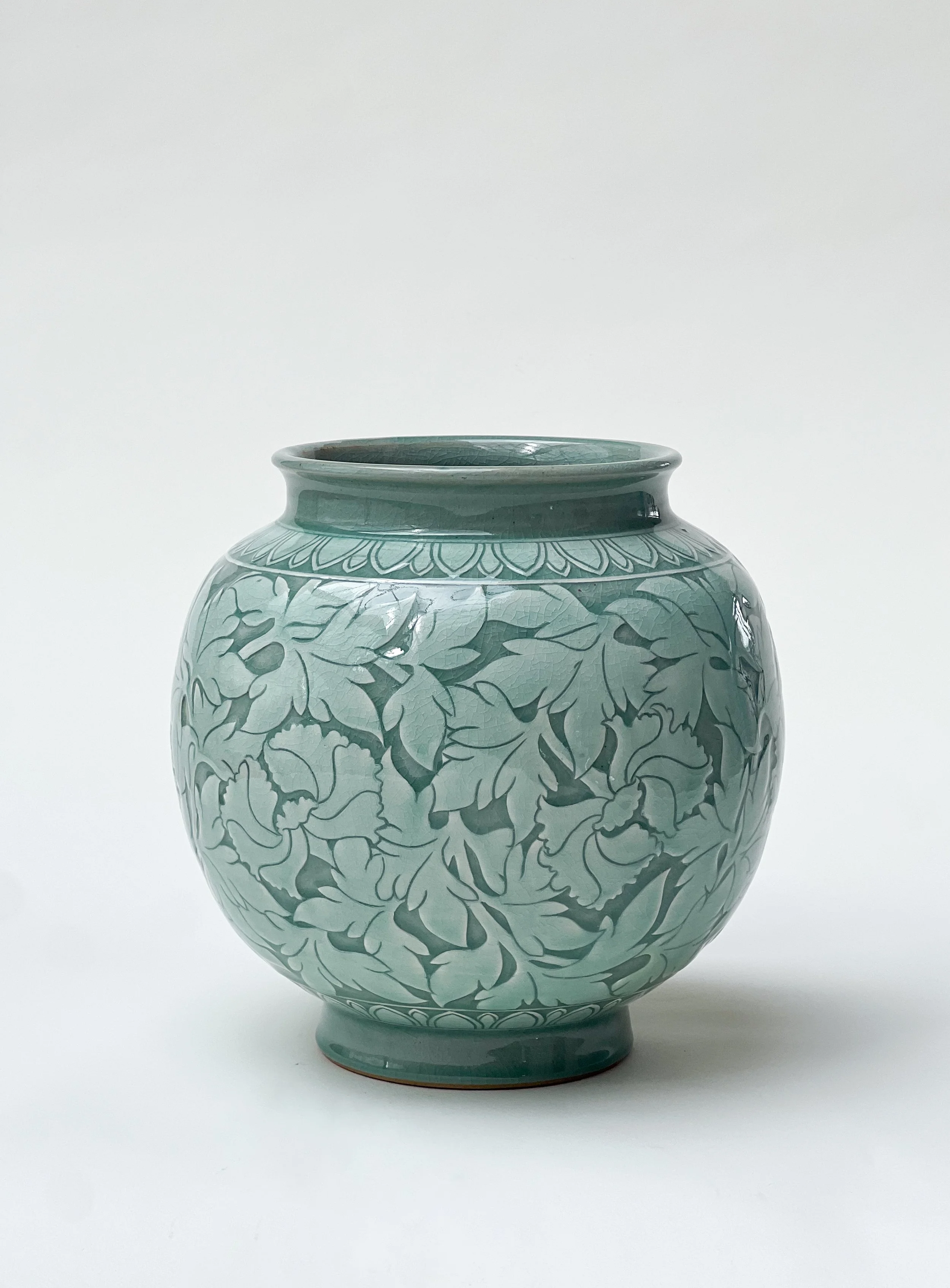 Celadon Bakji Scrolling Peony Jar, 12  x 10 x 10, 2025