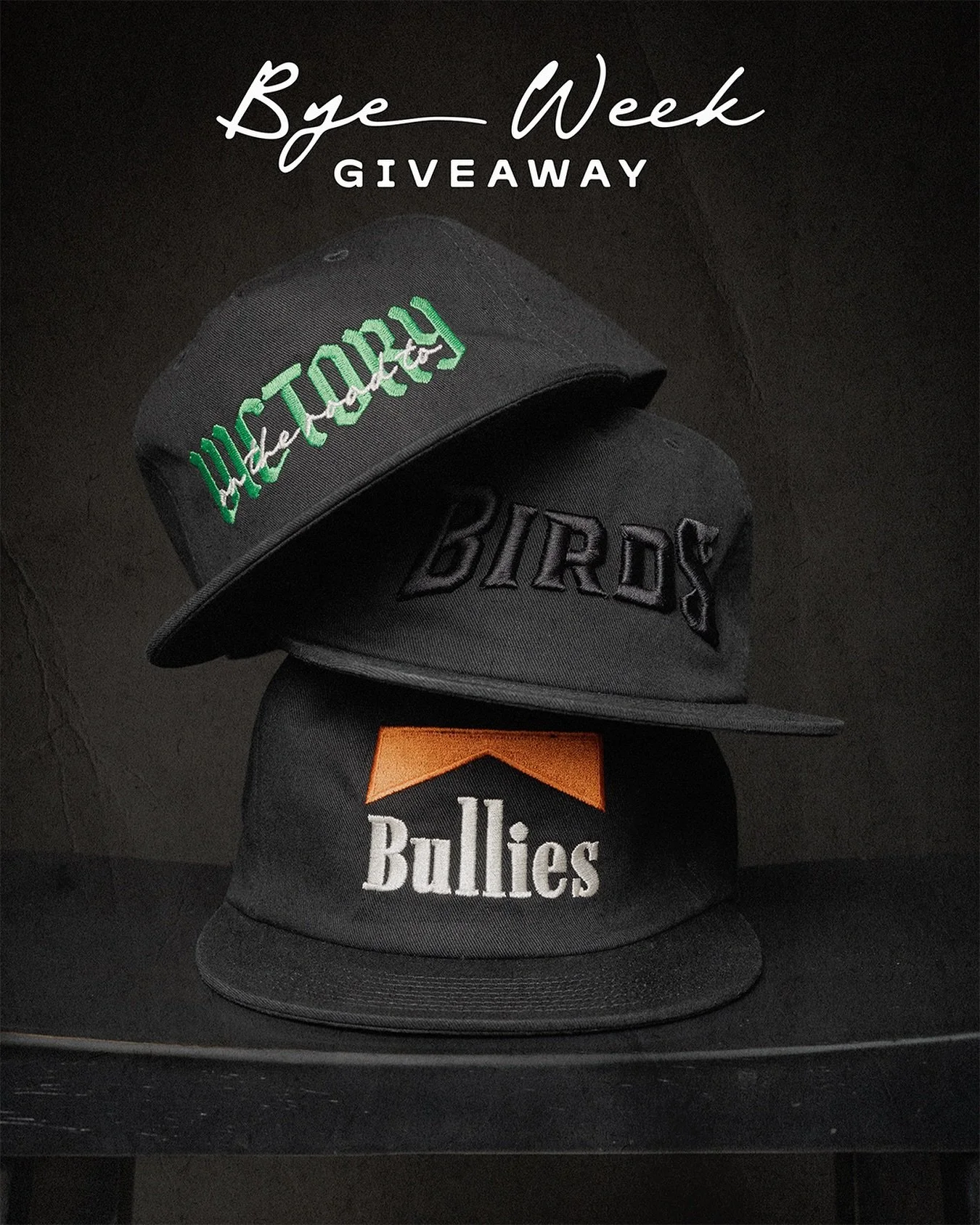 BYE WEEK GIVEAWAY! Just something to do while we wait for the Birds to be back next week. 

All of our new black hats (Victory, Birds, Bullies) are up for grabs. AND if you&rsquo;ve already bought one, you can still enter and we&rsquo;ll give you a s