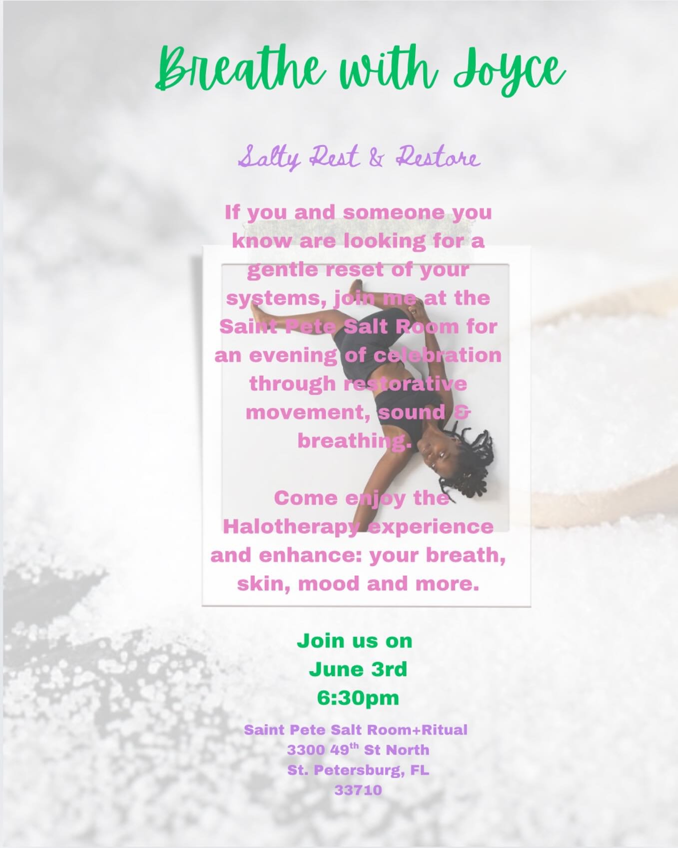 Psssst 🌬️
Are y’all ready to step into a whole other vortex with an intimate yoga session at The Saint Pete Salt Room/Ritual?
✍🏾mark your calendars
🗓️ June 3rd
🕰️ 6:30pm
🗺️ @saintpetesaltroom
Investment ~ 45.00
❕You can look forward