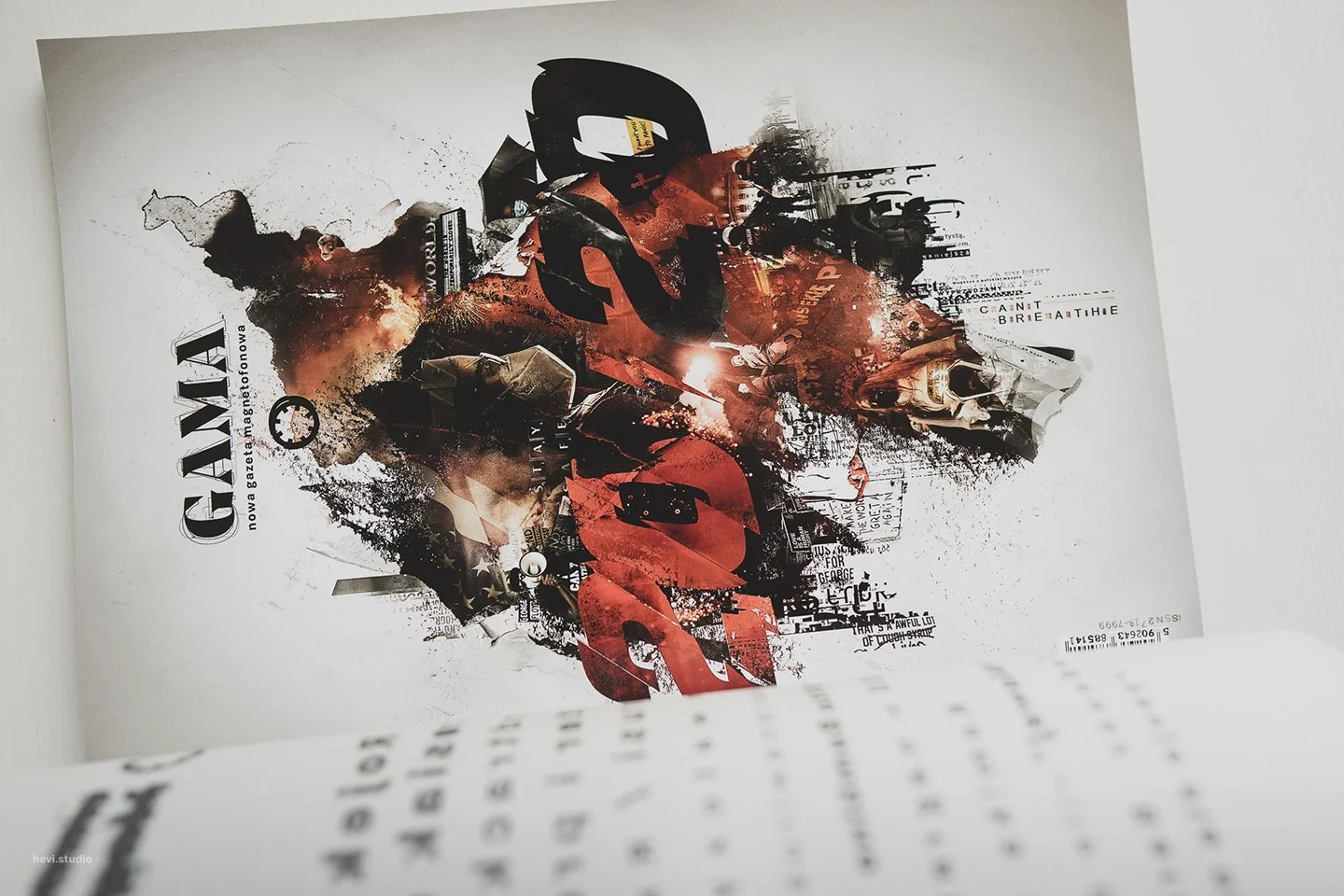 Abstract collage art with various images, text, and colors, featuring a large red 'S' and the word 'GUY' in bold. Contains elements like a motorcycle, cityscape, and various newspaper clippings.