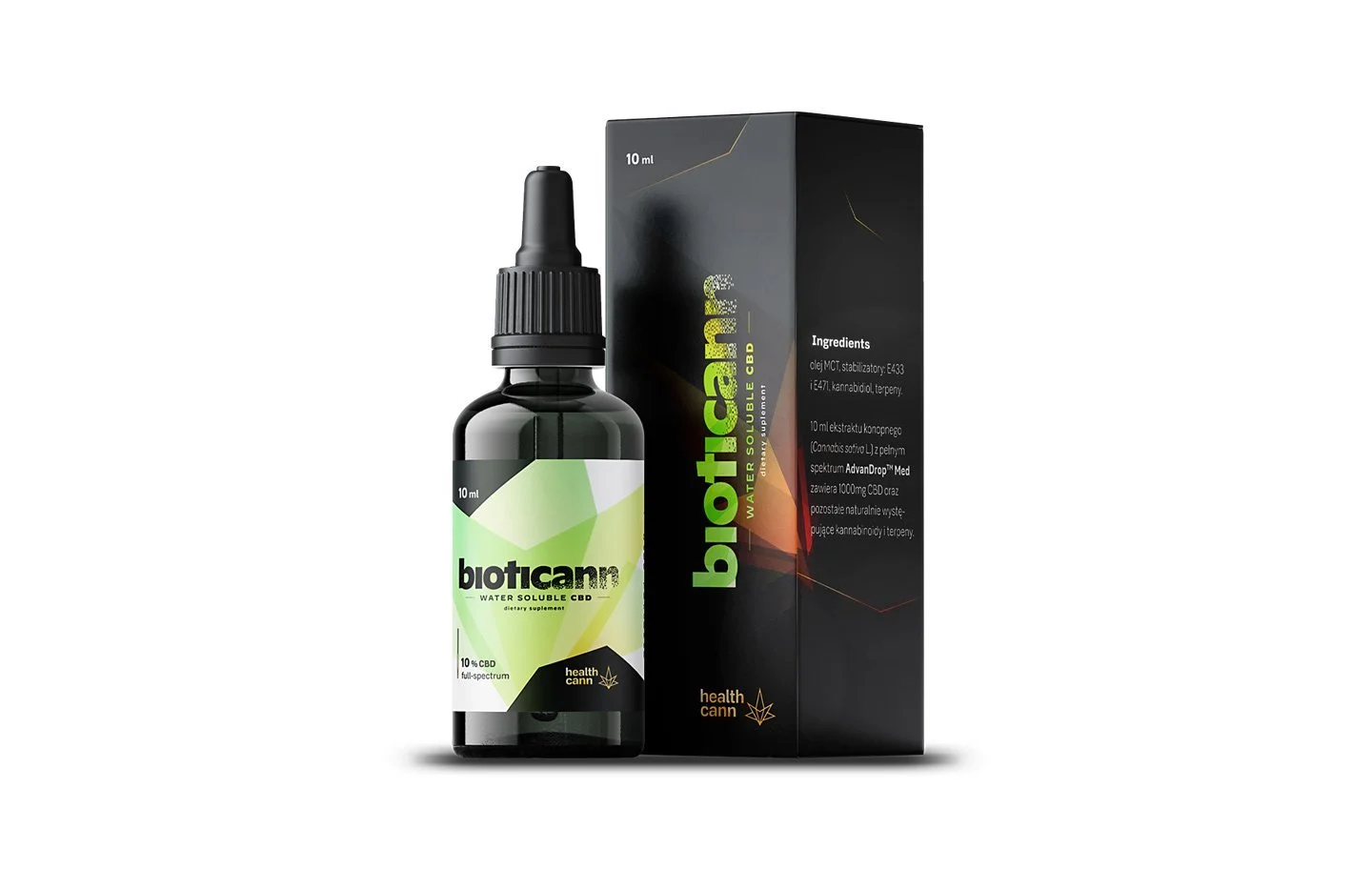 A 10 ml bottle of Biotican CBD water solubility supplement with a dropper cap, placed next to black packaging box labeled 'biotican'. The box displays product information and ingredients for a CBD supplement.