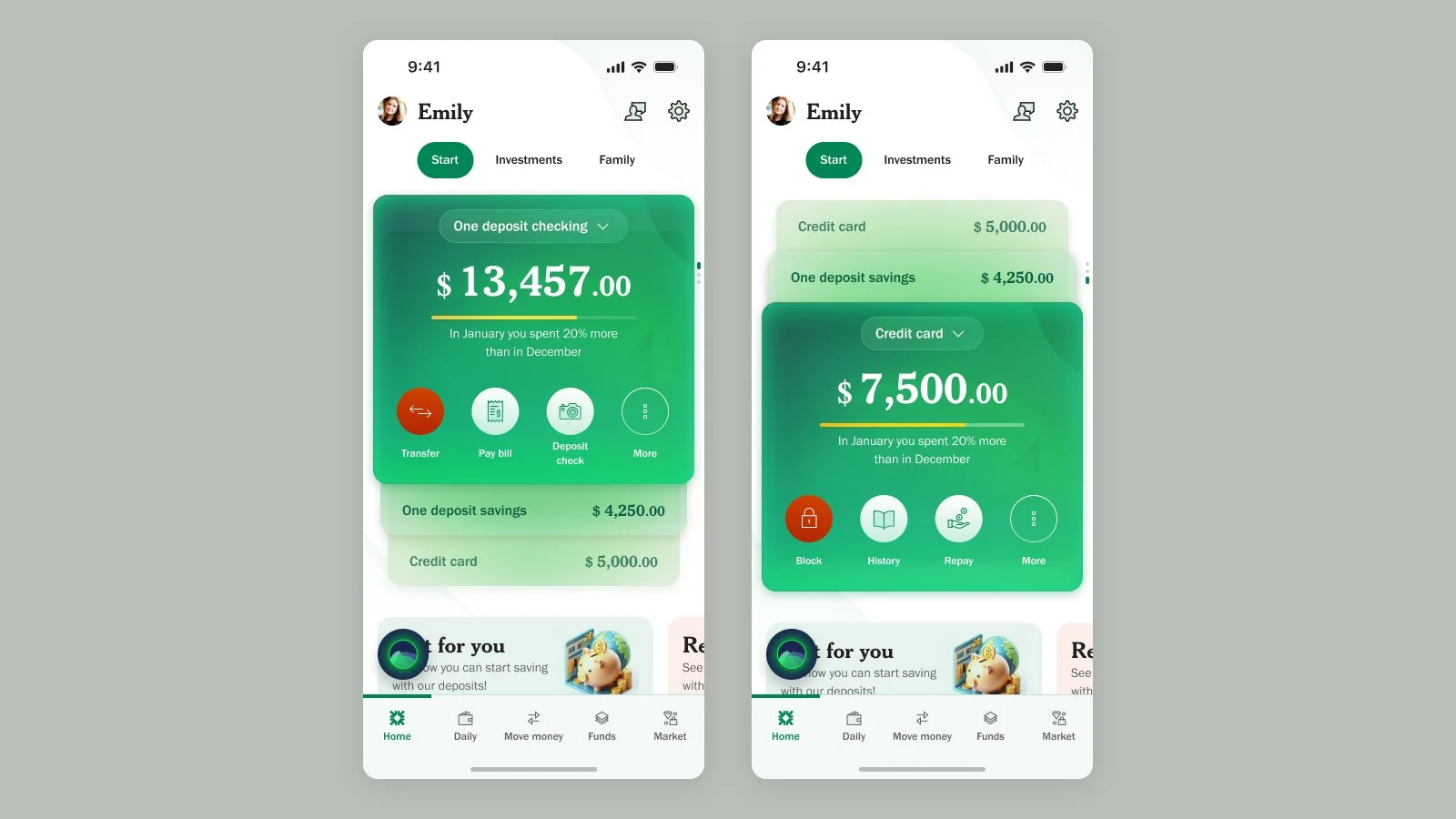 Mobile banking app interface showing account balances, transactions, and options for managing deposits, payments, and security on two screens.
