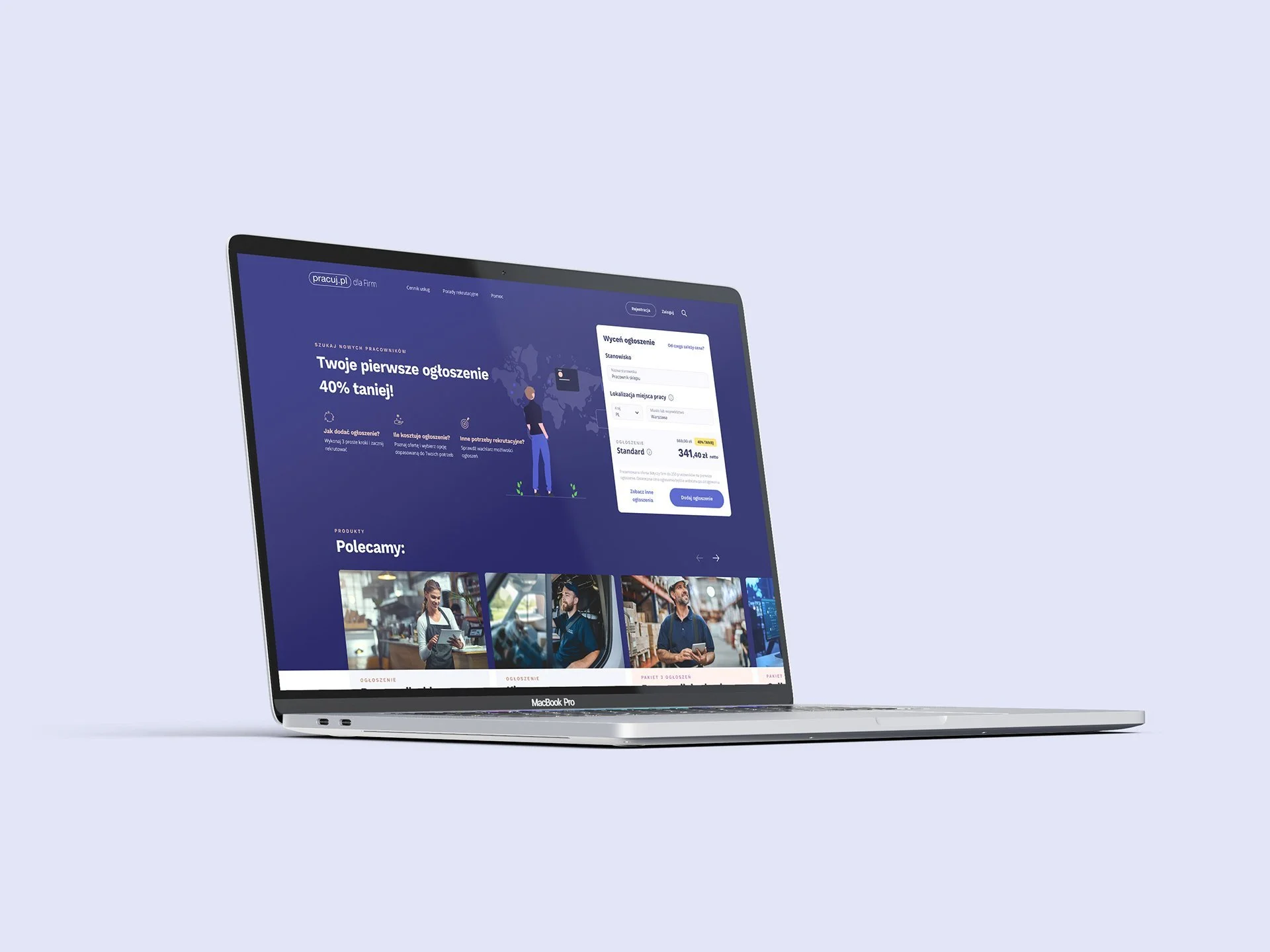 A silver MacBook Pro laptop displaying a website in Polish with a blue background and images of people working in various professions.