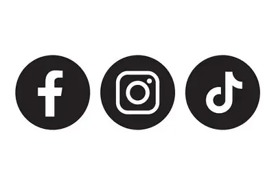 Icons of Facebook, Instagram, and TikTok in black circles on a white background.
