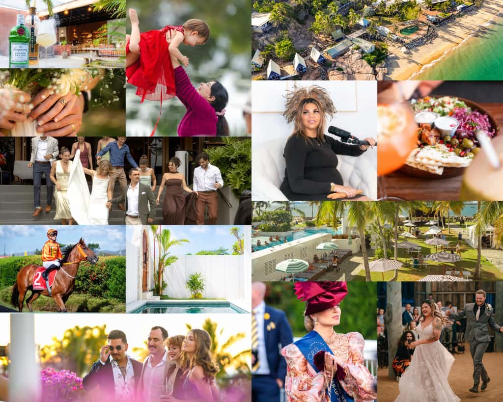 A collage of various scenes including a child and a woman playing outdoors, a tropical beach with overwater bungalows, a woman with curly hair holding a gun, a plate of food, a wedding party, a jockey on a horse, a pool and lounge chairs, a woman in a hat at a formal event, and a wedding dance.