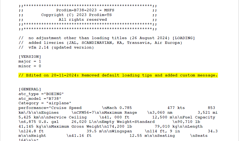 Aircraft .cfg file showing edits to the file 