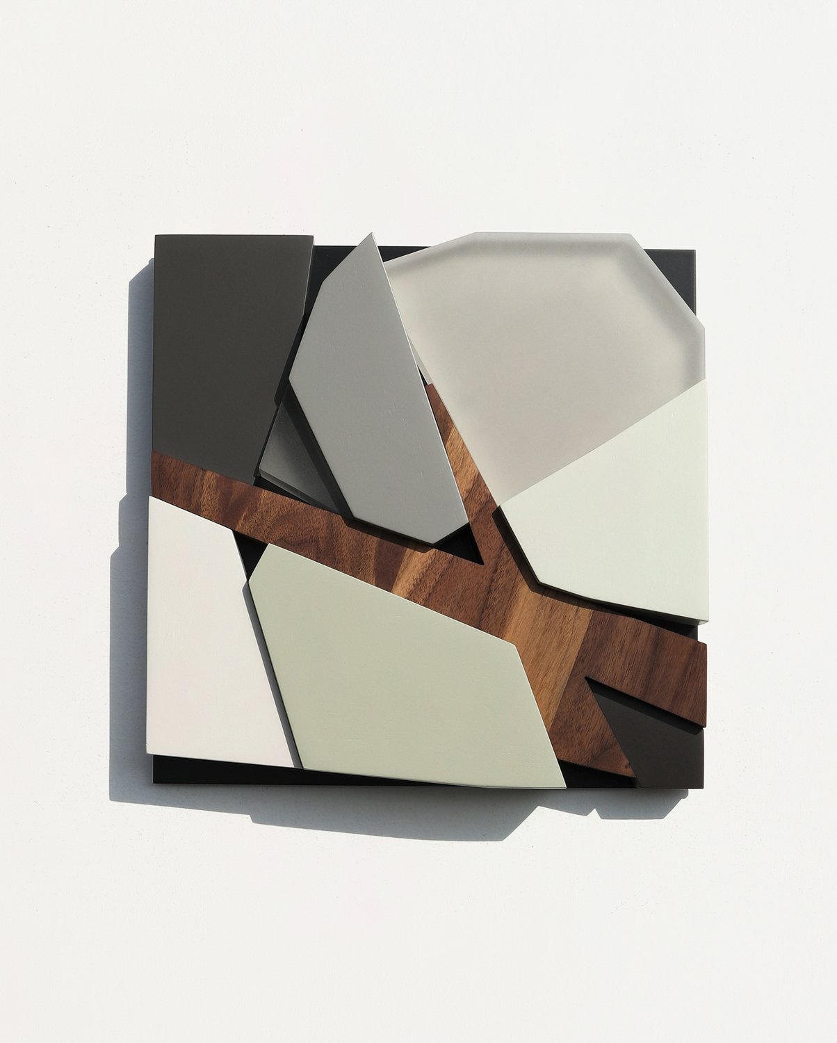 Untitled , 2019
Nitro-acrylic spray paint, American walnut, poplar, resin, aluminum, screws, VHB tape
12 x 12 x 2 inches