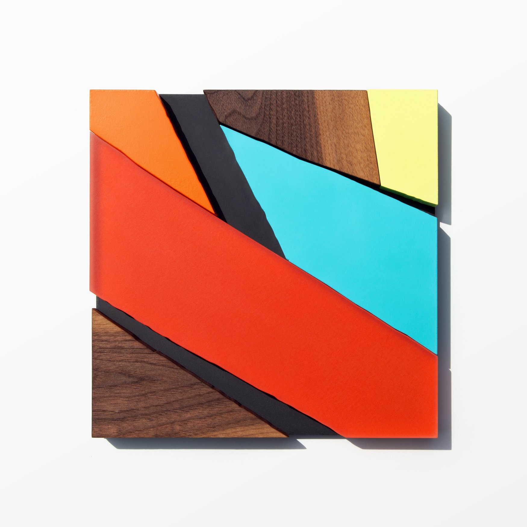 Untitled , 2018
Nitro-acrylic spray paint, resin, American walnut, plywood, HDPE, screws, VHB tape
12 x 12 x 1.25 inches