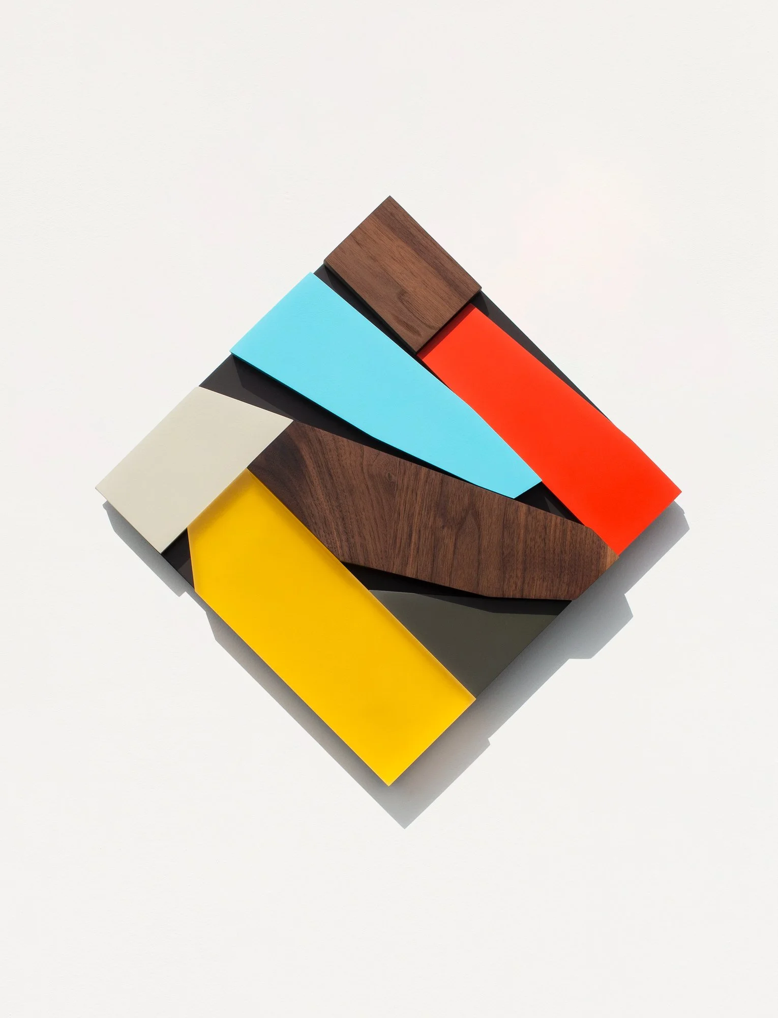 Untitled , 2019
Nitro-acrylic spray paint, American walnut, resin, Ultralight MDF, aluminum, screws, VHB tape
12 x 12 x 1.5 inches