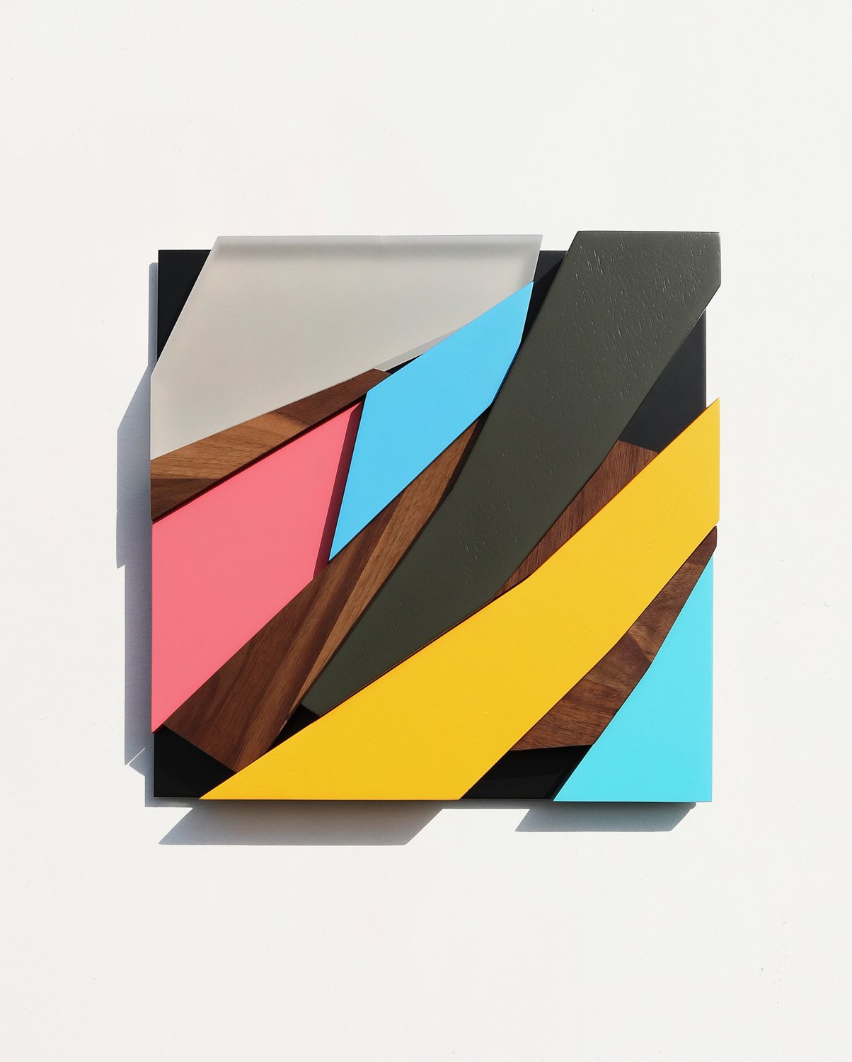 Untitled , 2019
Nitro-acrylic spray paint, American walnut, poplar, resin, aluminum, screws, VHB tape
12 x 12 x 2 inches