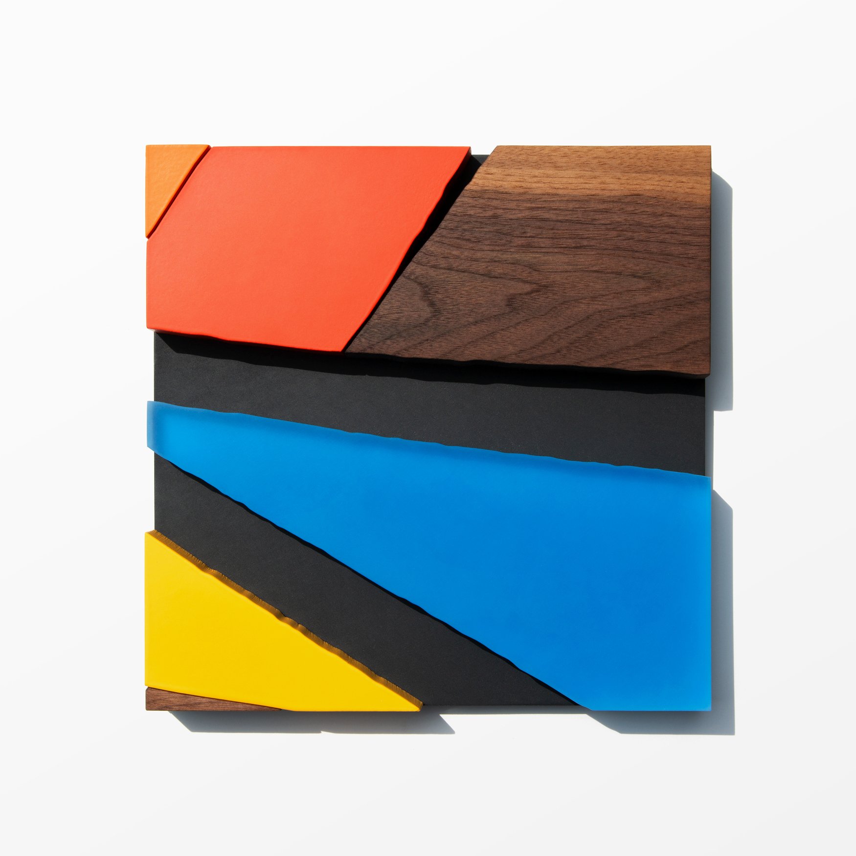 Untitled , 2018
Nitro-acrylic spray paint, resin, American walnut, plywood, HDPE, screws, VHB tape
12 x 12 x 1.25 inches