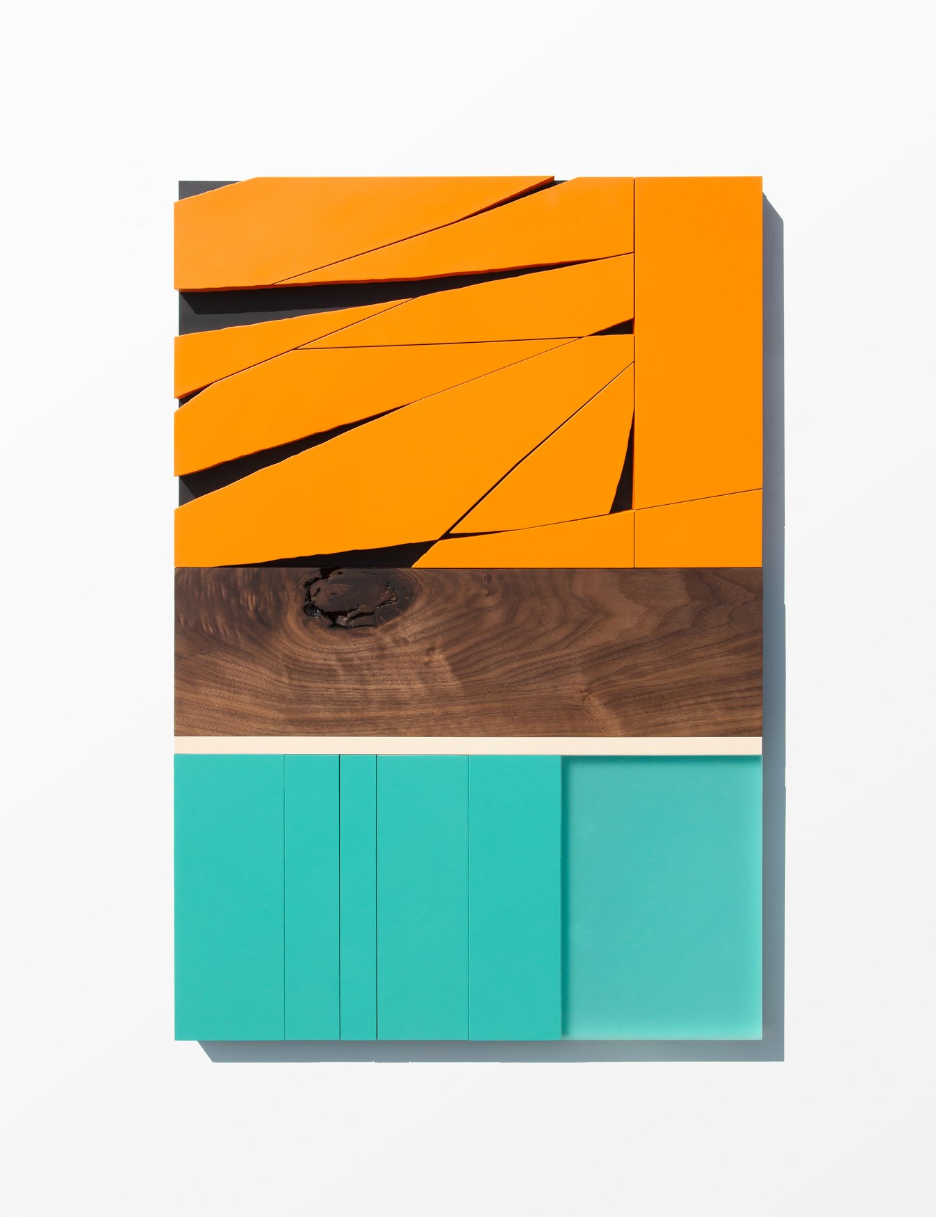 Untitled , 2018
Nitro-acrylic spray paint, resin, American walnut, plywood, HDPE, screws, VHB tape
24 x 36 x 1.25 inches