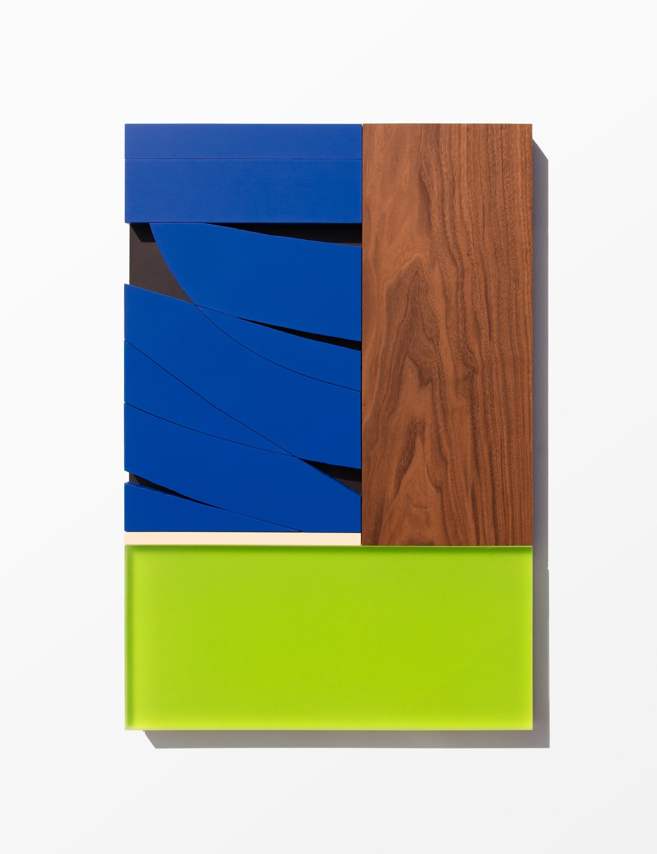 Untitled , 2018
Nitro-acrylic spray paint, resin, American walnut, plywood, HDPE, screws, VHB tape
24 x 36 x 1.25 inches
