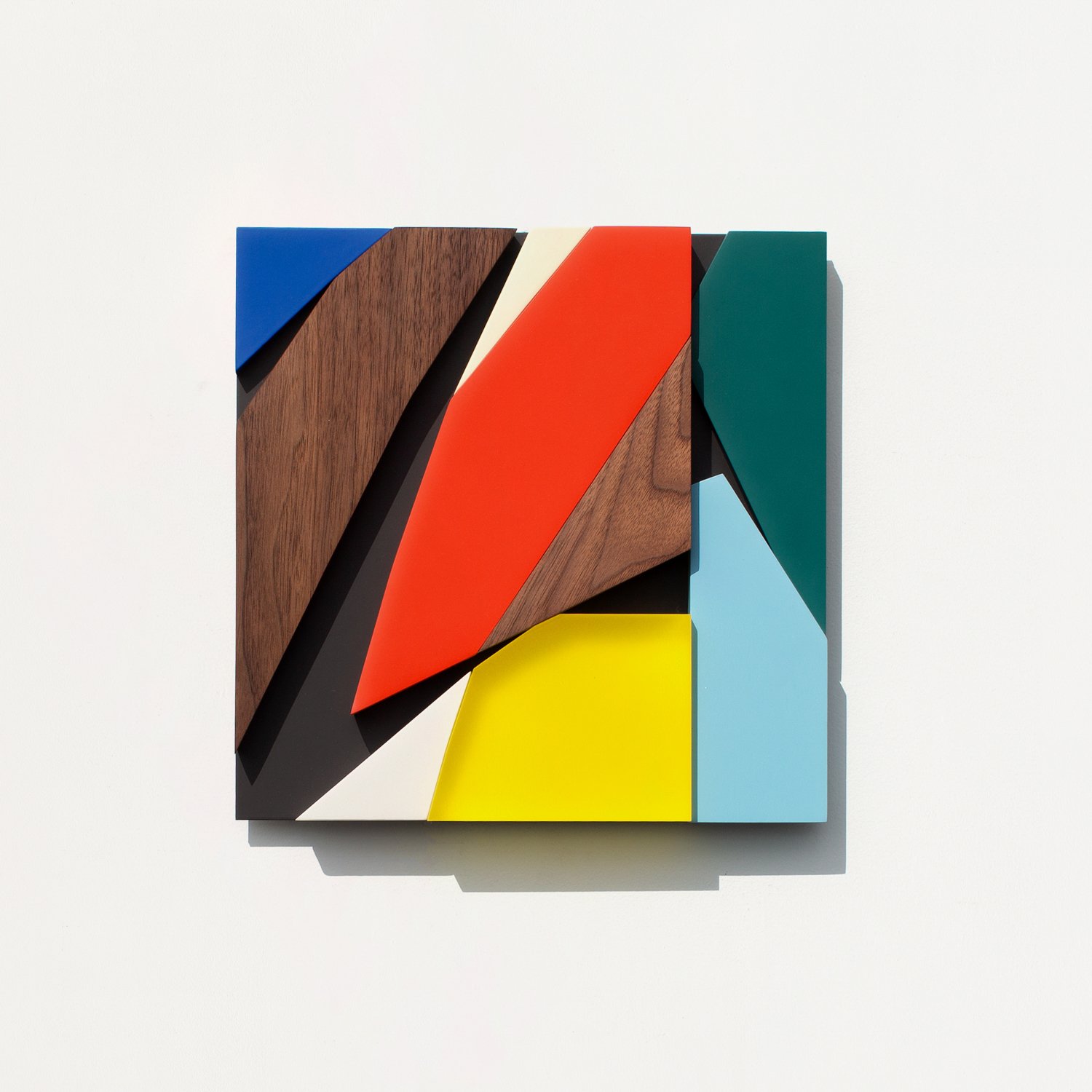Untitled , 2019
Nitro-acrylic spray paint, American walnut, resin, Ultralight MDF, aluminum, screws, VHB tape
12 x 12 x 1.5 inches