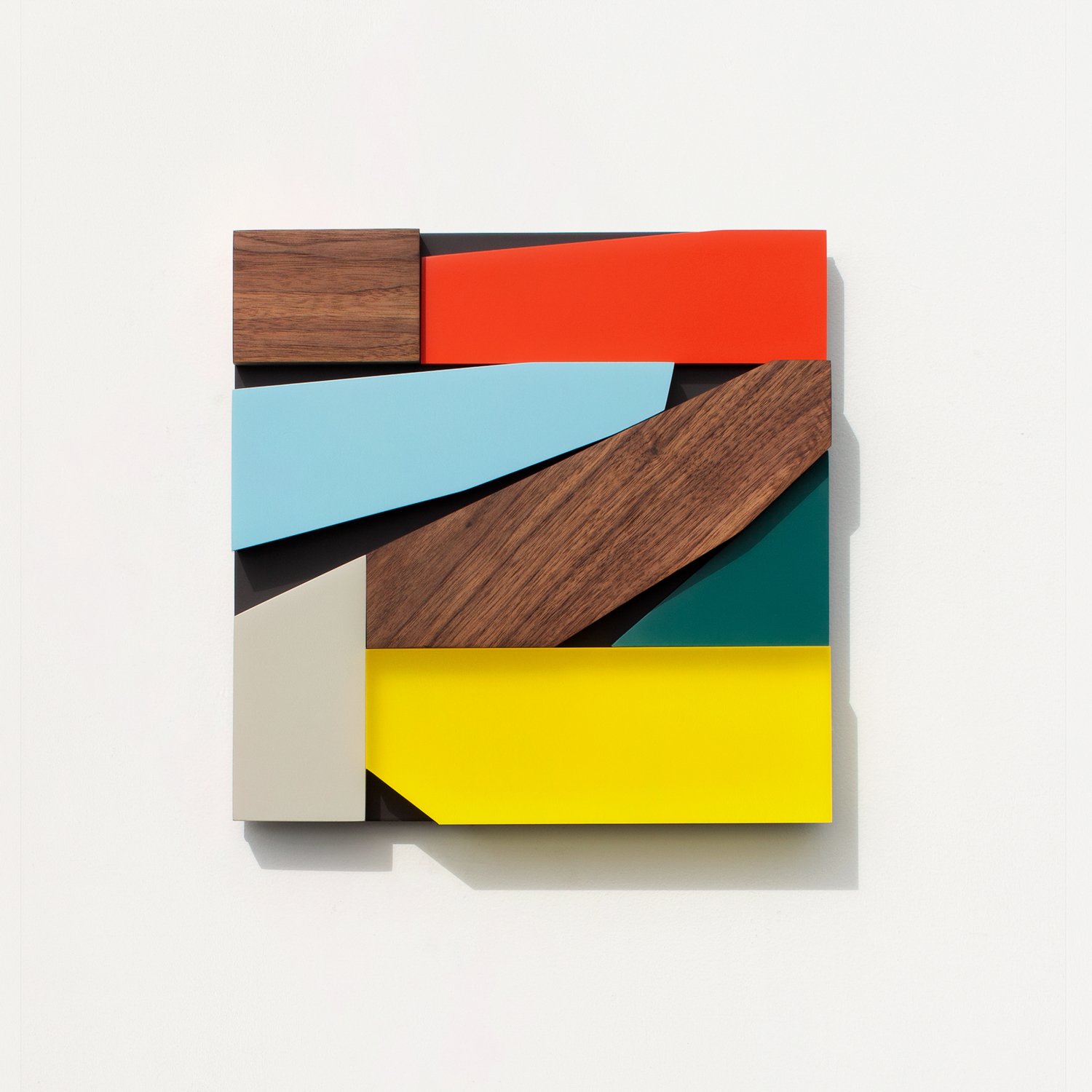 Untitled , 2019
Nitro-acrylic spray paint, American walnut, resin, Ultralight MDF, aluminum, screws, VHB tape
12 x 12 x 1.5 inches