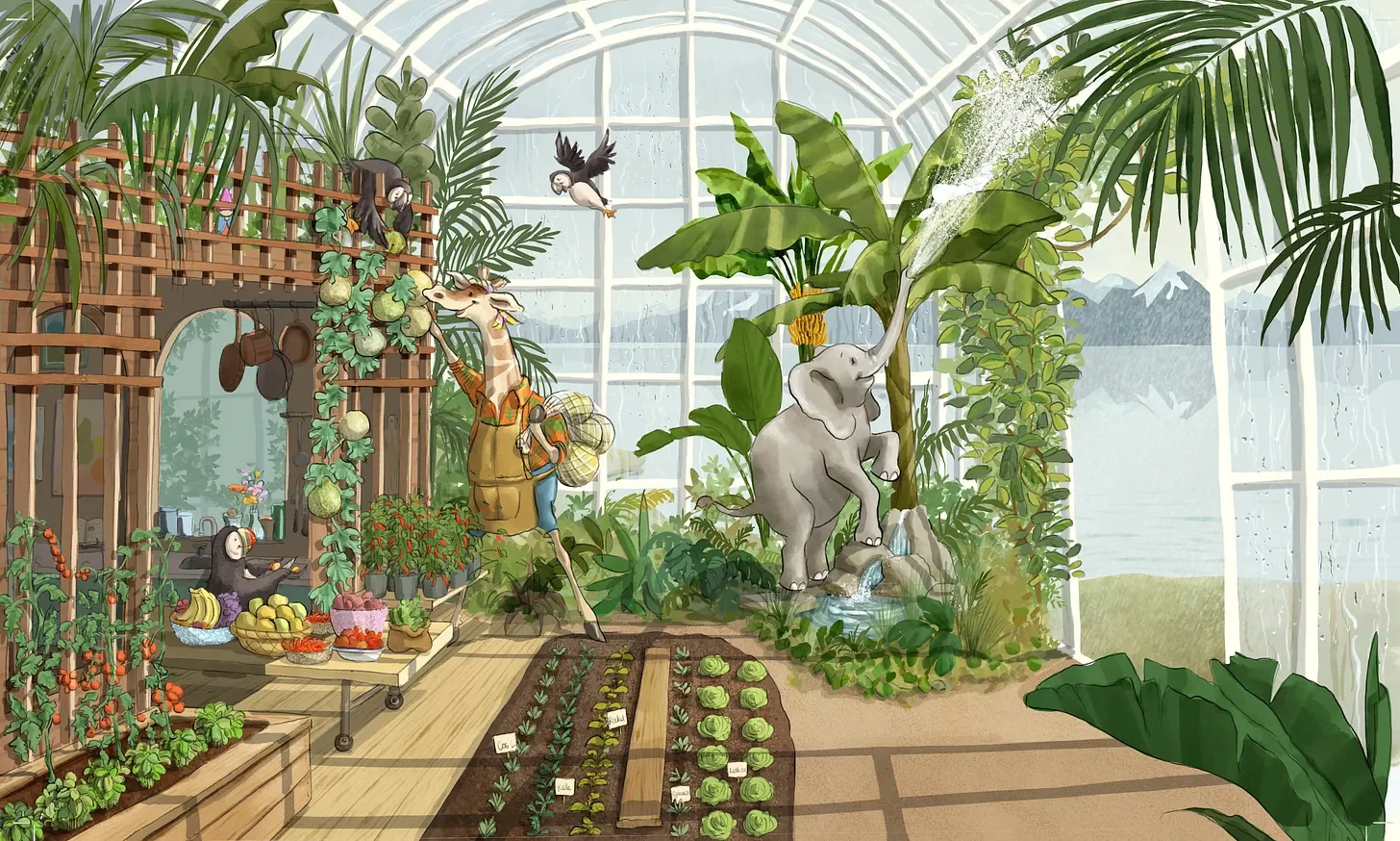 Giraffe in elephants greenhouse.webp