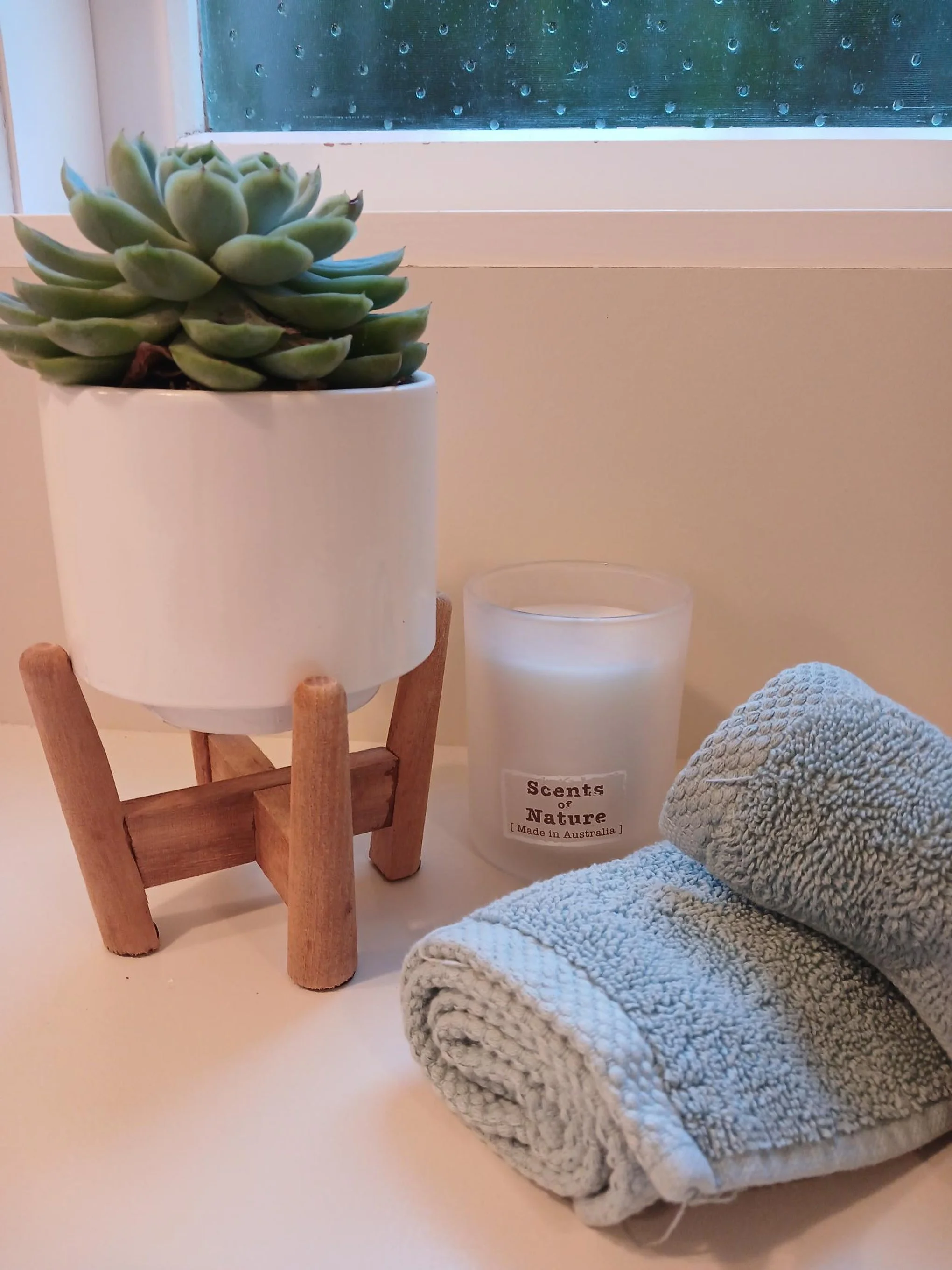 A small green succulent in a white pot on a wooden stand, a white candle labeled 'Scents of Nature,' and two rolled gray towels on a white surface, with a window and rain droplets visible in the background.