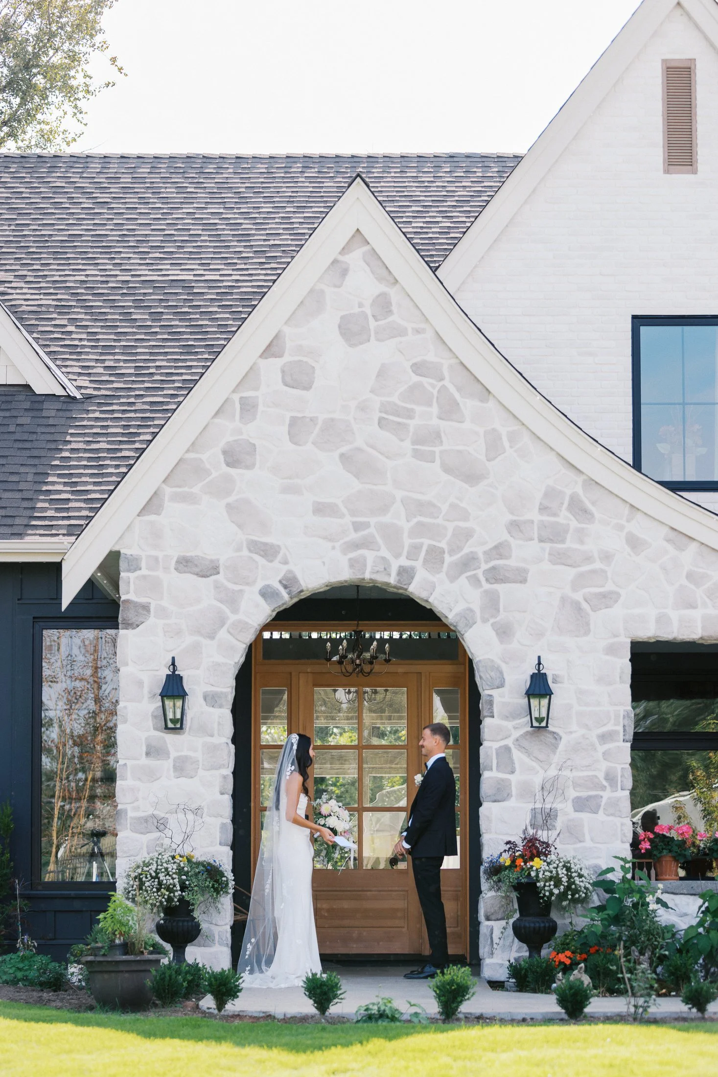 Newlywed couple portrait at private estate backyard wedding in Langley British Columbia captured with film and digital wedding photography