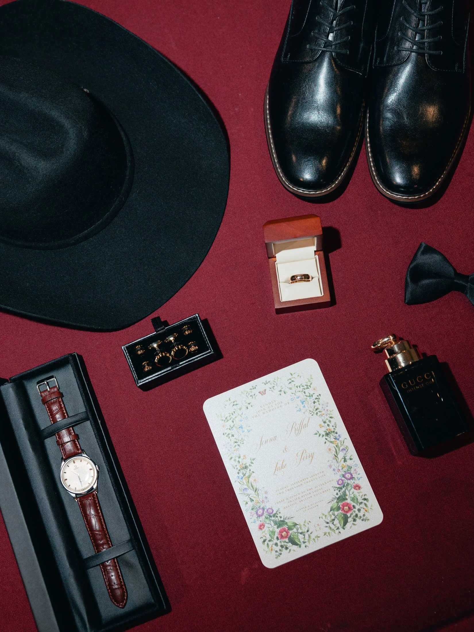room getting ready at Fraser River Lodge wedding with detail flat lay of invitation suite, rings and accessories, photographed on a mix of 35mm film and digital by Vancouver wedding photographer Julia Hindy Photography.