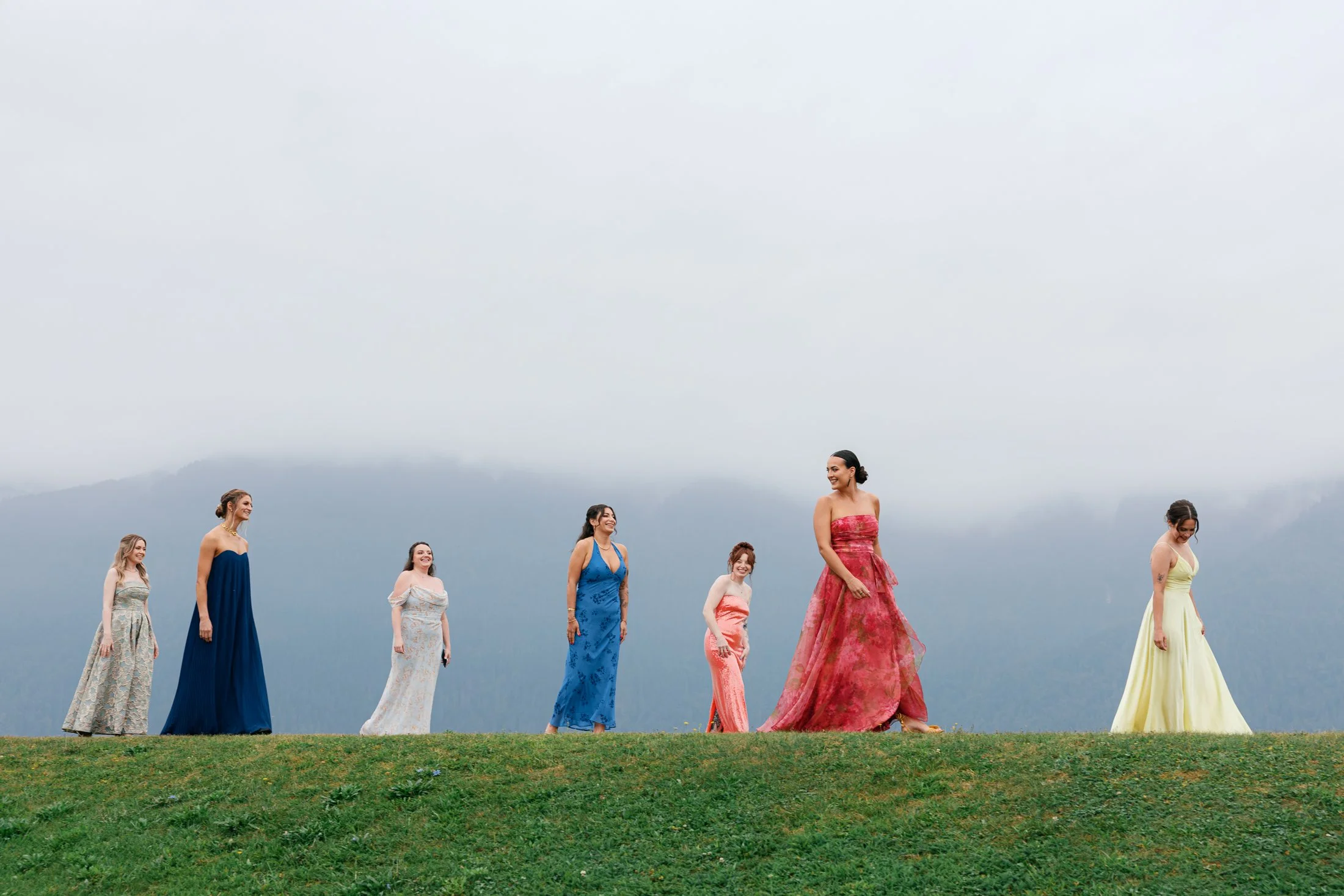 Bridesmaids and wedding party portraits at Fraser River Lodge followed by cocktail hour candids, photographed in a documentary editorial style using film + digital.