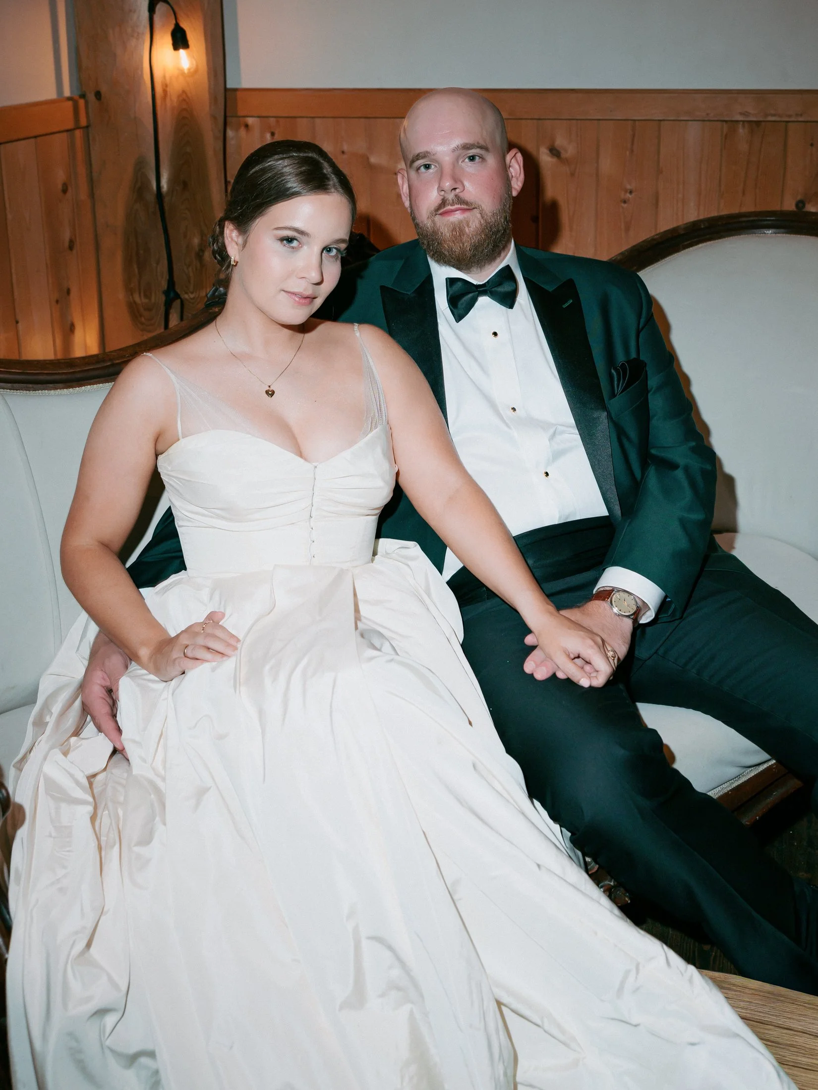 Fraser River Lodge indoor wedding portraits with flash — editorial couple photography with dramatic lighting captured on 35mm film and digital cameras.