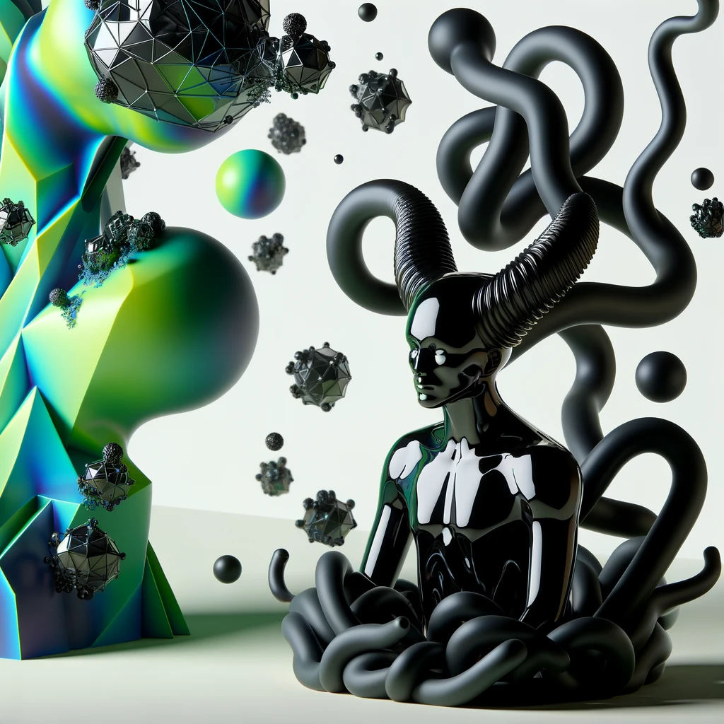 DALL·E 2024-02-13 13.29.34 - Create an image from an isometric viewpoint with a large, off-center abstract sculpture in the foreground, featuring a glossy, jet-black humanoid tors.png