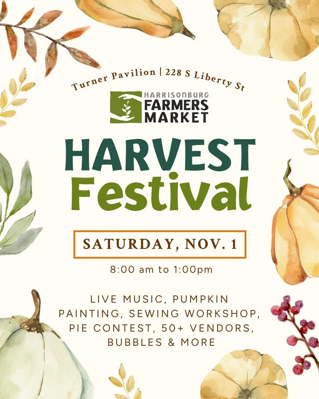 Save the Date for our annual Harvest Festival on Saturday, Nov. 1! JMU Sports &amp; Rec Management students have a great line-up of festive activities for the whole family. Enjoy live music, pumpkin painting, on-going sewing/mending workshops, enter 