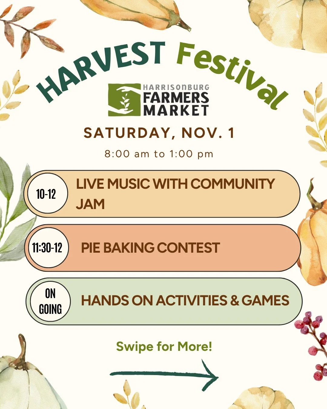 Which fall activity is your favorite? At Harvest Fest on Nov. 1, enjoy live music in the crisp autumn air, sample homemade pies in our pie contest, paint a pumpkin, toss an apple, guess the weight of a giant apple from @ryansfruit, learn sewing and m