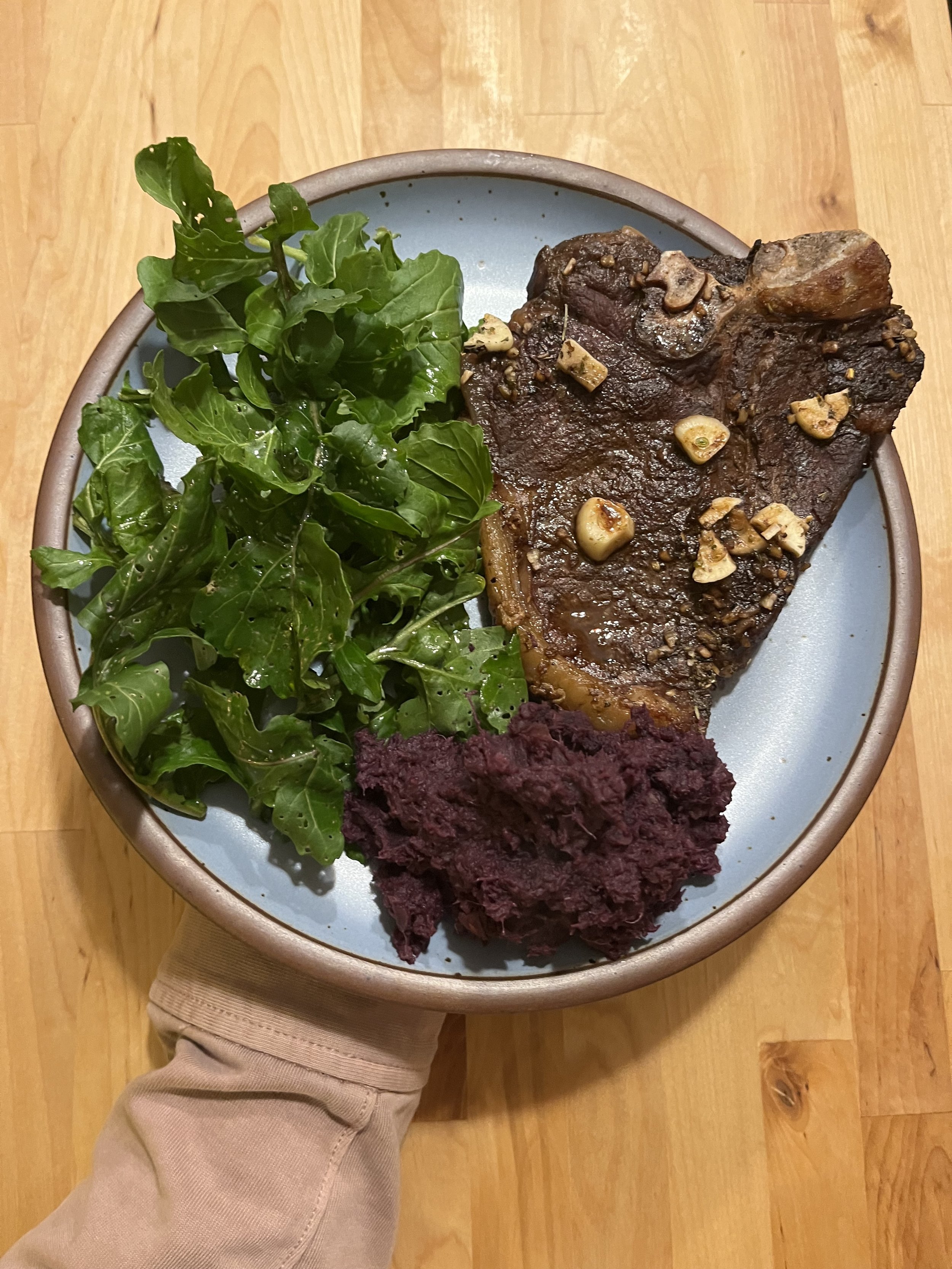 Garlic T-bone Steak, Purple Mashed Potatoes &amp; Arugula Salad