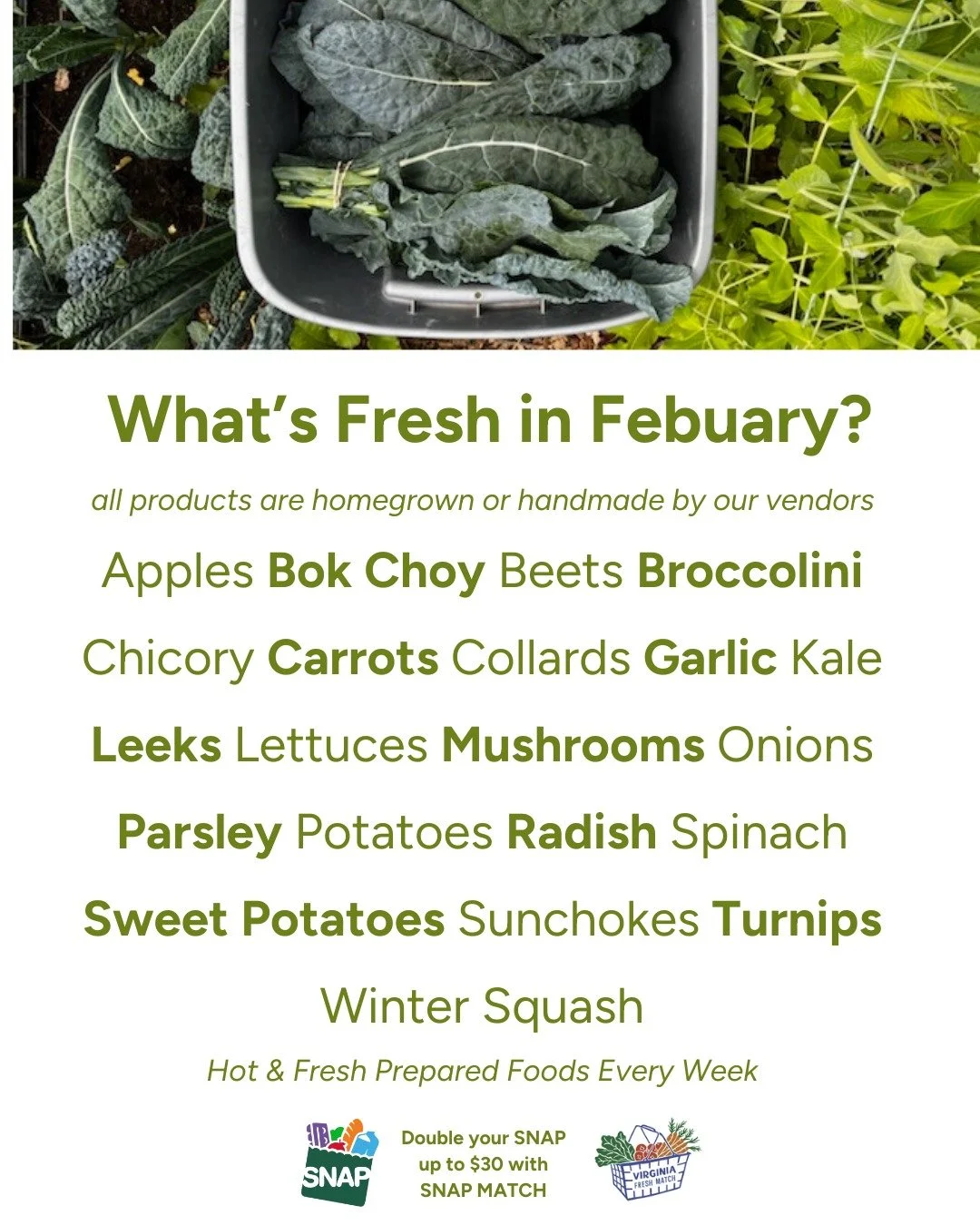 We're open all year round! Our farmers and artisans continue to work throughout the winter months to provide local agricultural and artisan goods to our community. Having one cold month in the books, our vendors are prepared and ready for you. Bundle