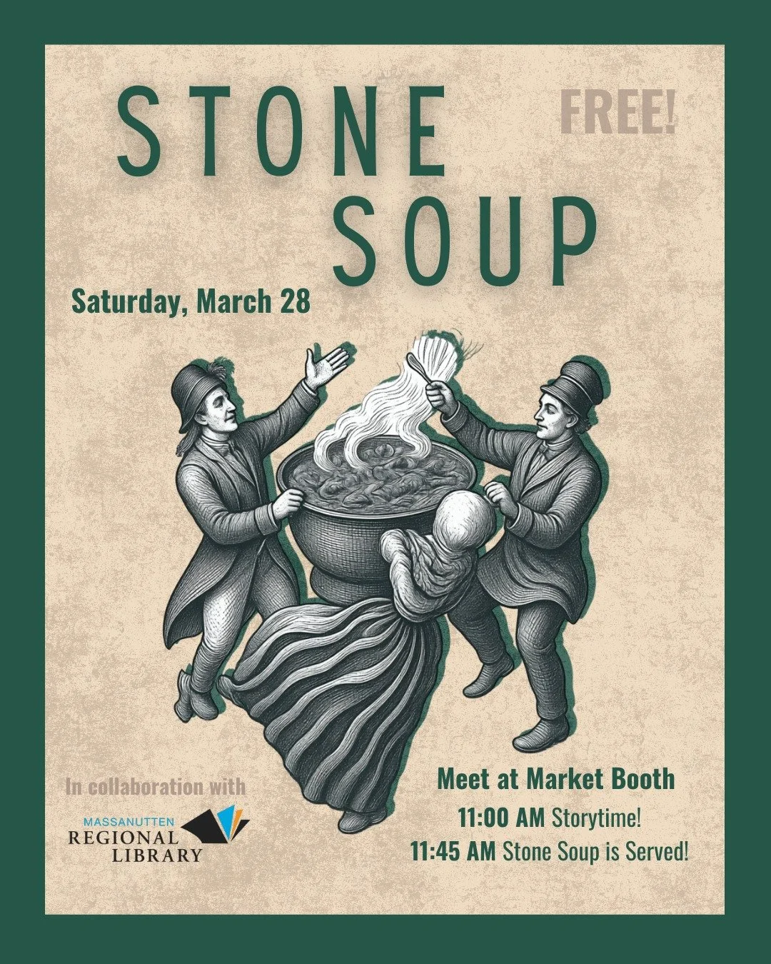 Our Stone Soup event is BACK!! 

Join us on Saturday, March 29 for a family friendly Stone Soup celebration in partnership with Massanutten Regional Library and local author Rose Shank of HomeAgain Farm.

At 11 AM , gather on the Rock &amp; Water Mem