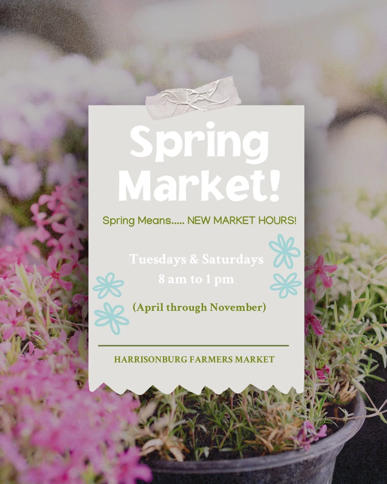 SPRING MARKET HOURS 🌷💐

Starting this Saturday, we will start our 8am-1pm Market hours! Additionally, starting next week, get ready to come out to our Tuesday Markets! Same time, same place, just another opportunity to shop local and spend time in 