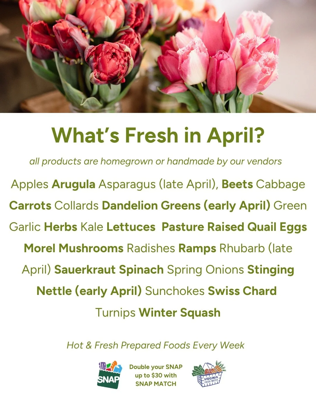 Keeping things fresh at the Market! Check out what&rsquo;s fresh for April and be sure to make our Tuesday Markets a part of your week! We are loving all the bright florals and produce that comes with this warm weather! 

Come shop every Tuesday and 