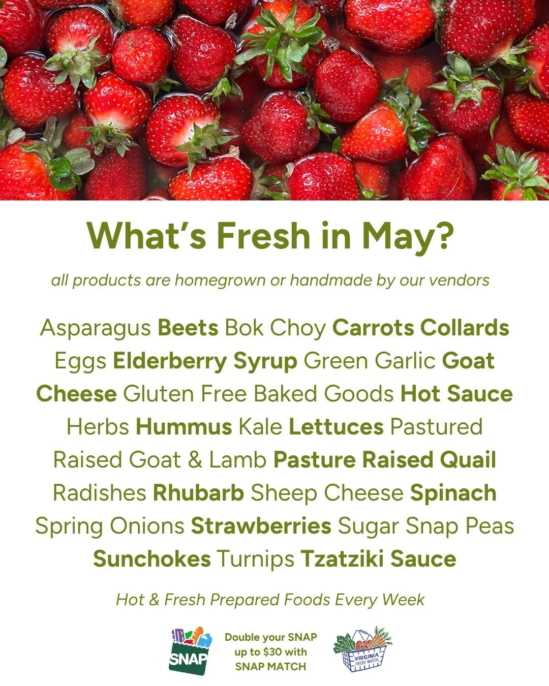 Strawberries are here! With the late frost zapping many cherry and other berry and tree crops, we celebrate how precious seasonal fruit is! Snag a taste on Tuesdays and Saturdays, 8am - 1pm. 

Vegetable starts are also available for your spring and s