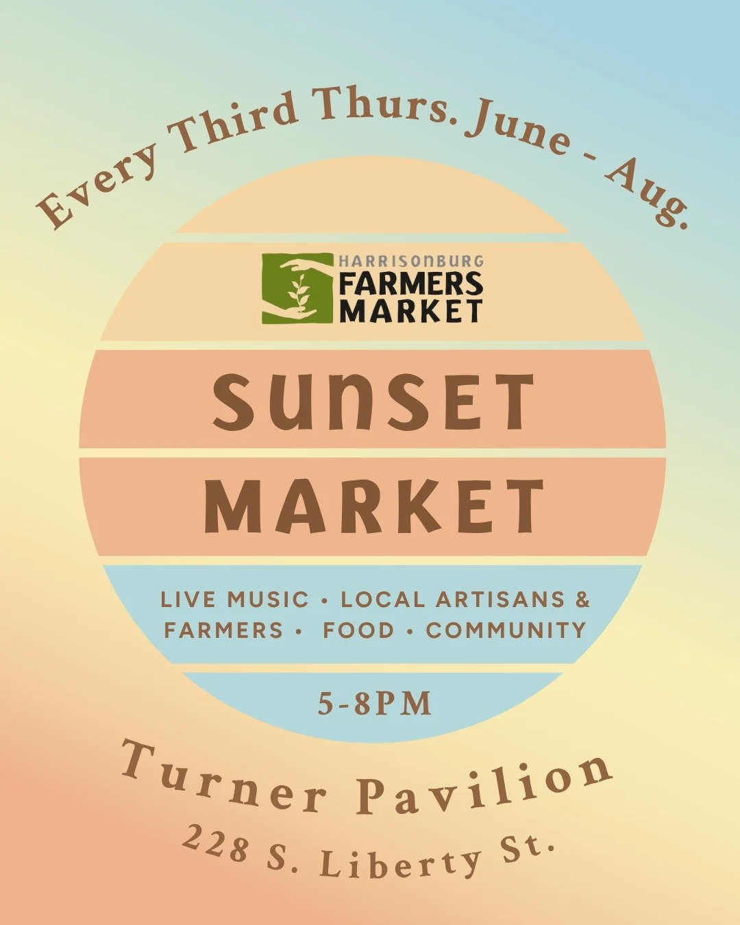 The first Sunset Market of the season is 4 weeks away! Join us every third Thursday 5-8pm, June - August to enjoy live music, local artisans and farmers, food trucks and vendors, and hands-on activities with community organizations. 

Save these date