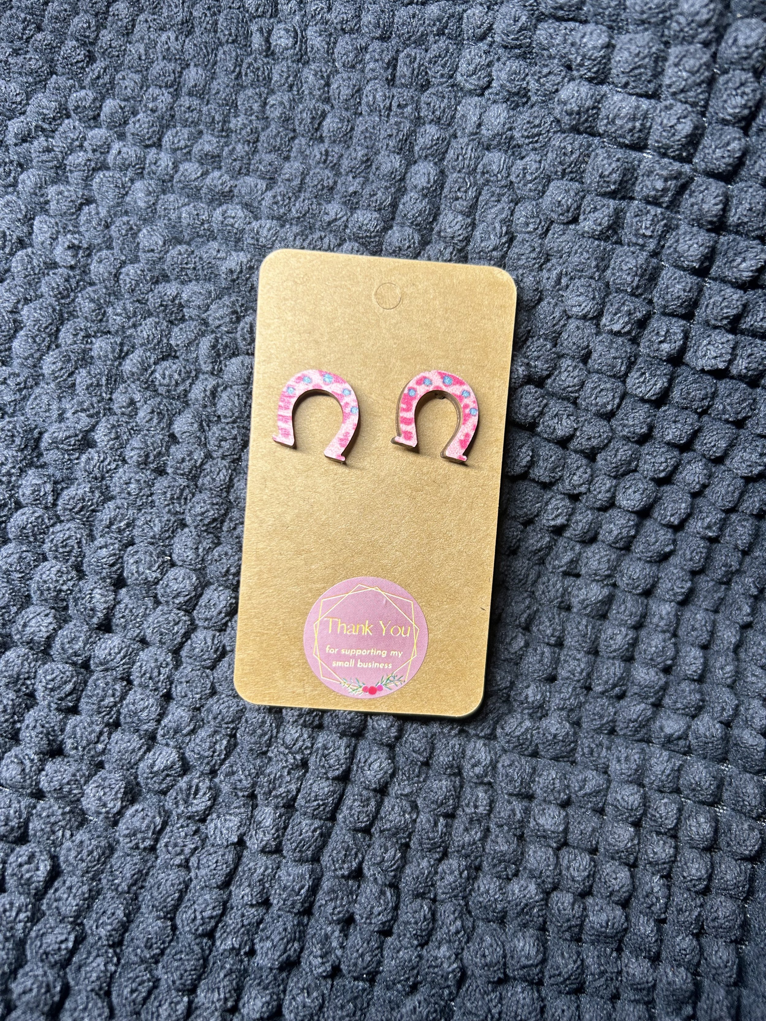 Pink Horse Shoe Stud Earrings
