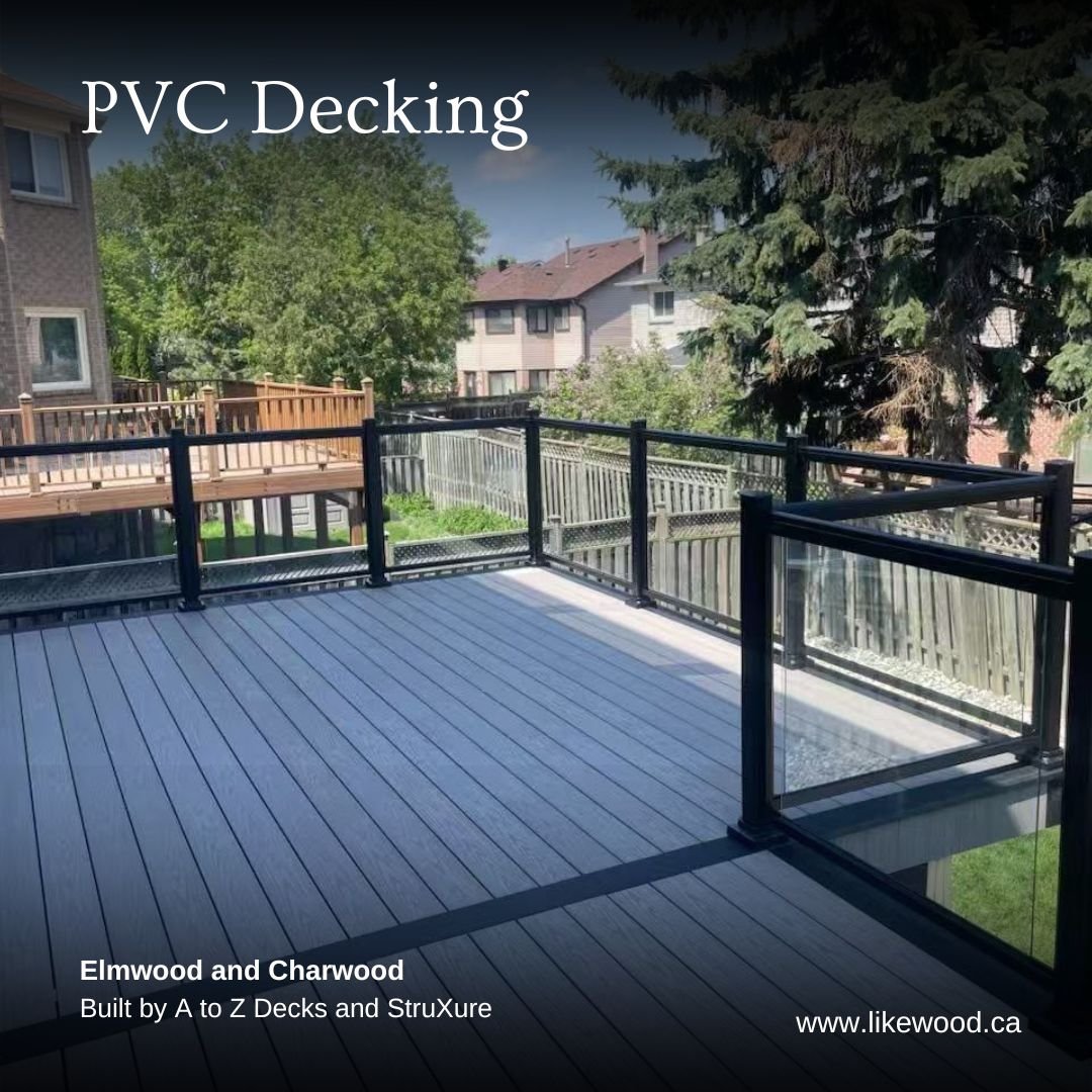 This deck was built by @atozdecksandstruxure  using Likewood PVC Decking in Elmwood and Charwood. 🌿✨ 
Consider this your sign to update your deck&mdash;fresh look, long-lasting comfort. 🔨🏡 
#DeckUpdate #PVCDecking #Likewood #OutdoorLiving