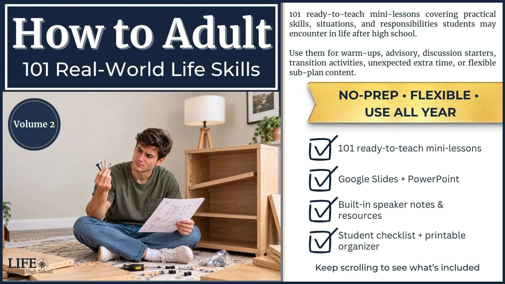 How to Adult Volume 2 life skills resource with 101 ready-to-teach mini-lessons, Google Slides and PowerPoint, built-in speaker notes, and student activities.