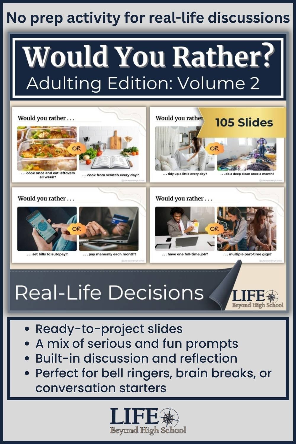 Would You Rather: Adulting Edition (Volume 2) cover with 4 sample slides