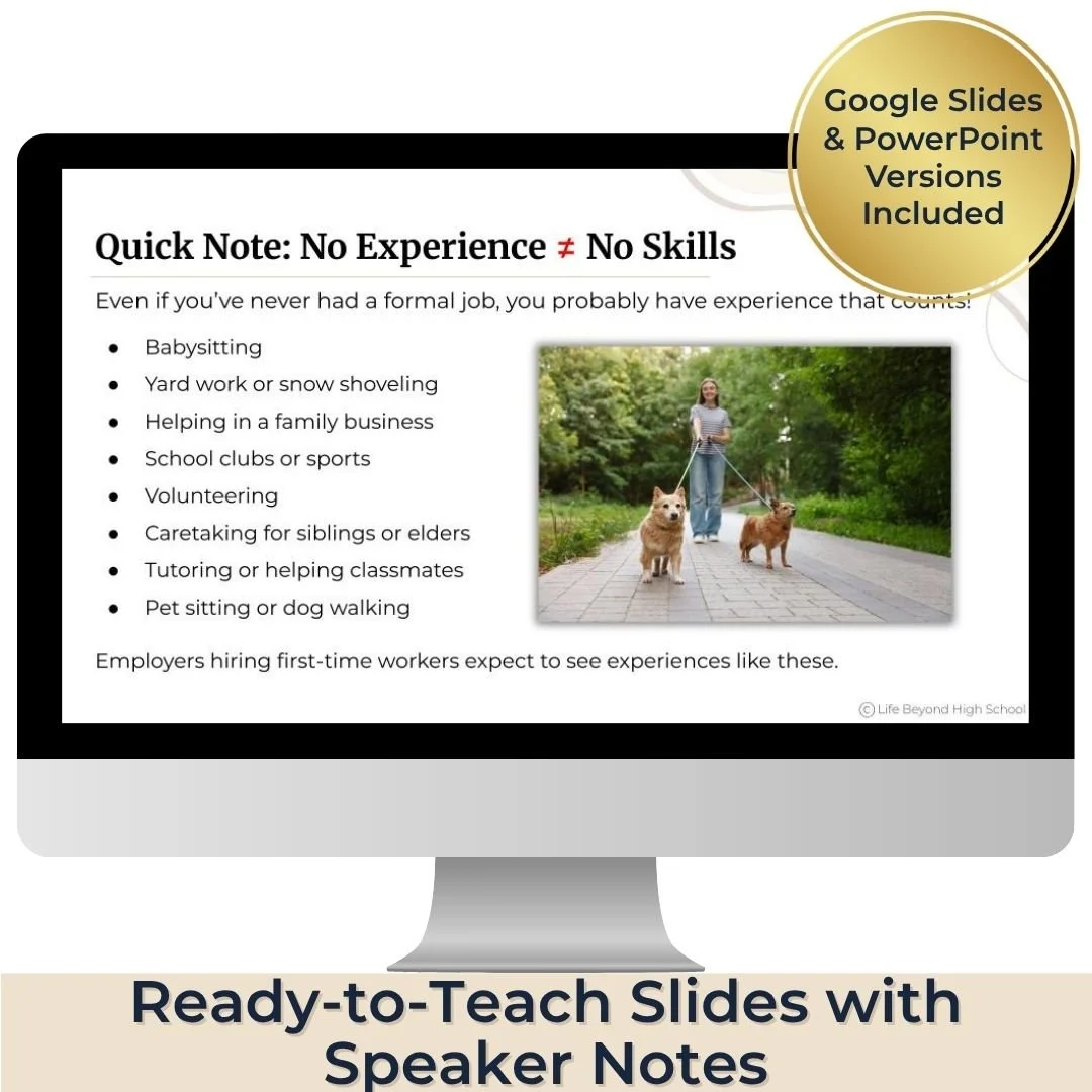 Job application lesson slide showing examples of experience students can include even if they have never had a formal job.