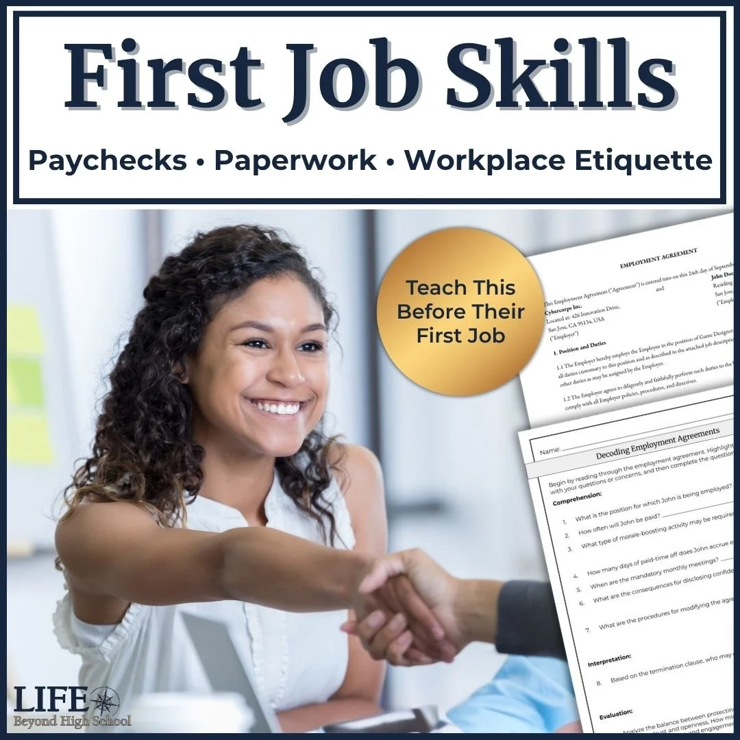 Young woman starting her first job with the title "First Job Skills: Paycheck, Paperwork, Workplace Etiquette"