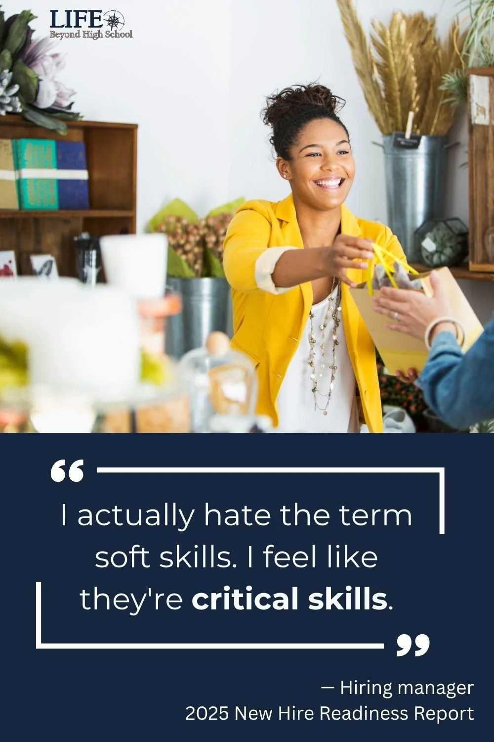 Young employee working with customers and quote about soft skills.
