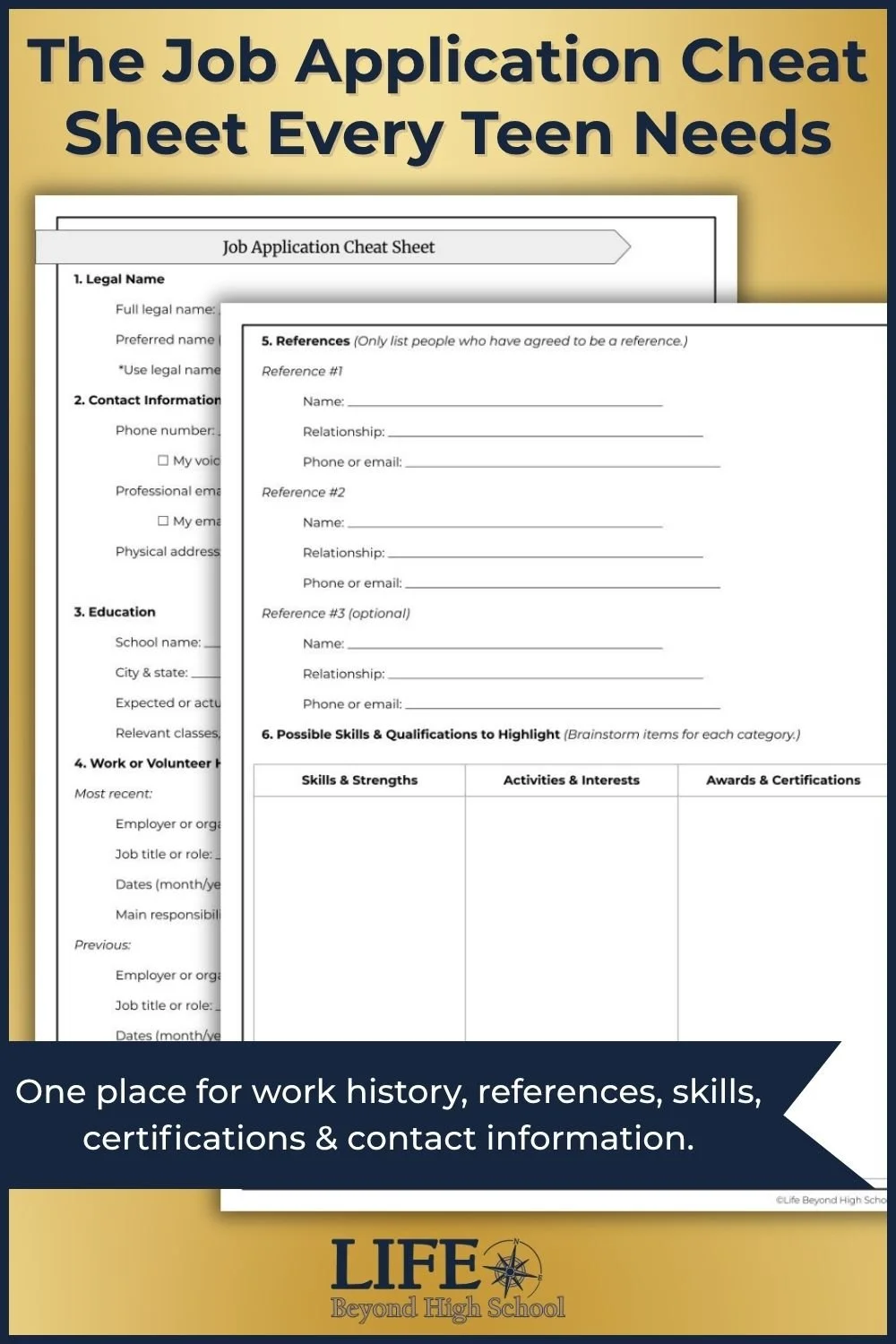 Printable job application cheat sheet for students to organize work history, references, skills, certifications, and contact information.