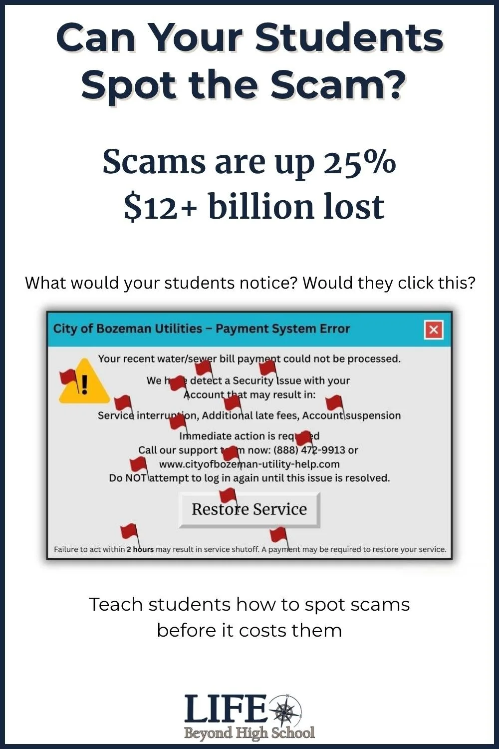 Bill payment scam activity that challenges students to identify warning signs in a realistic utility scam.