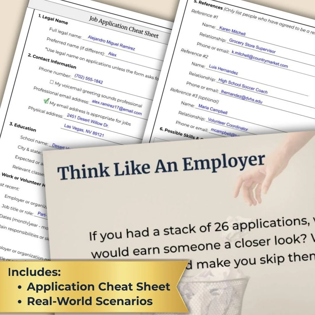 Job application cheat sheet and employer scenario activities for teaching high school students career readiness skills.