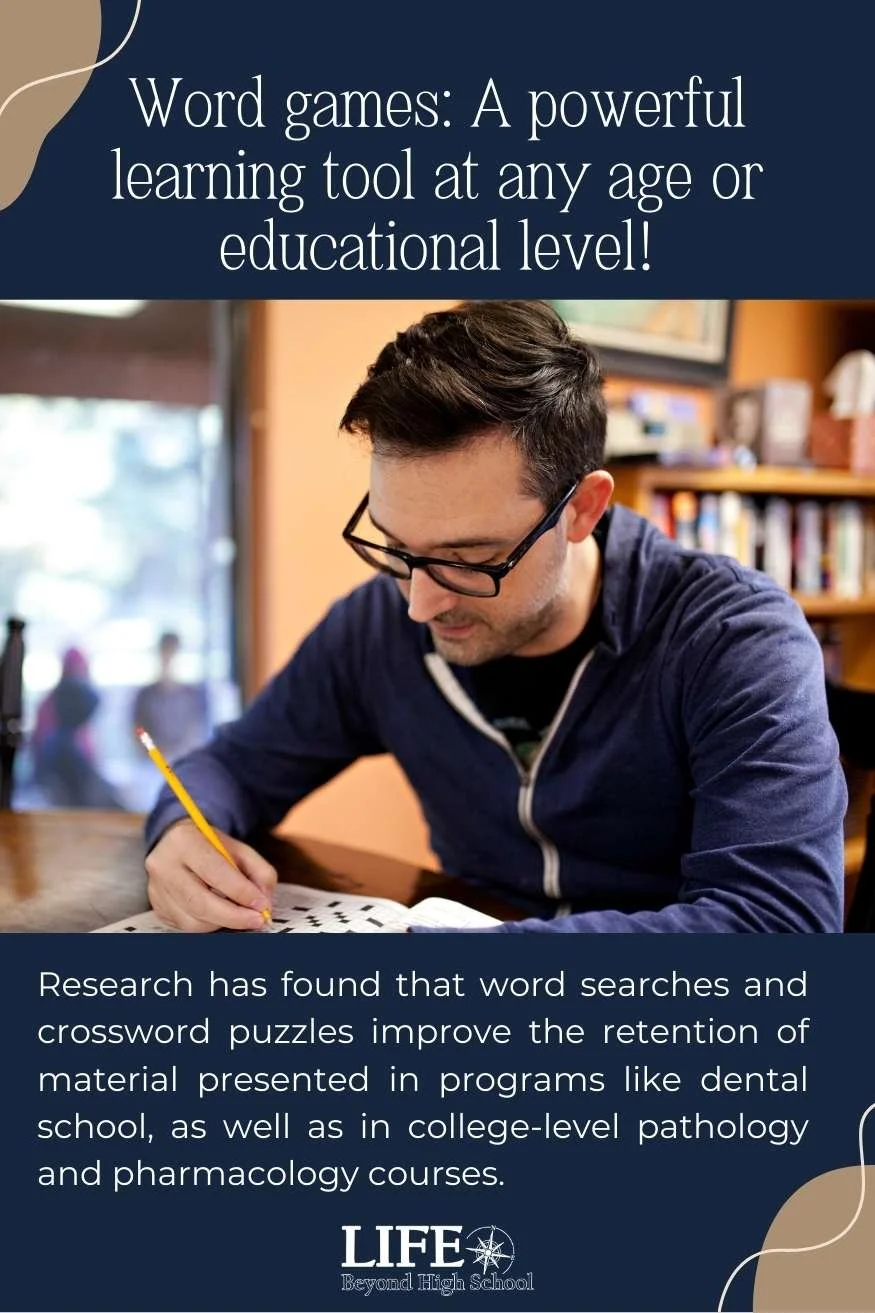 Blog cover for post about the cognitive benefits of word searches and crossword puzzles for high school and adult learners