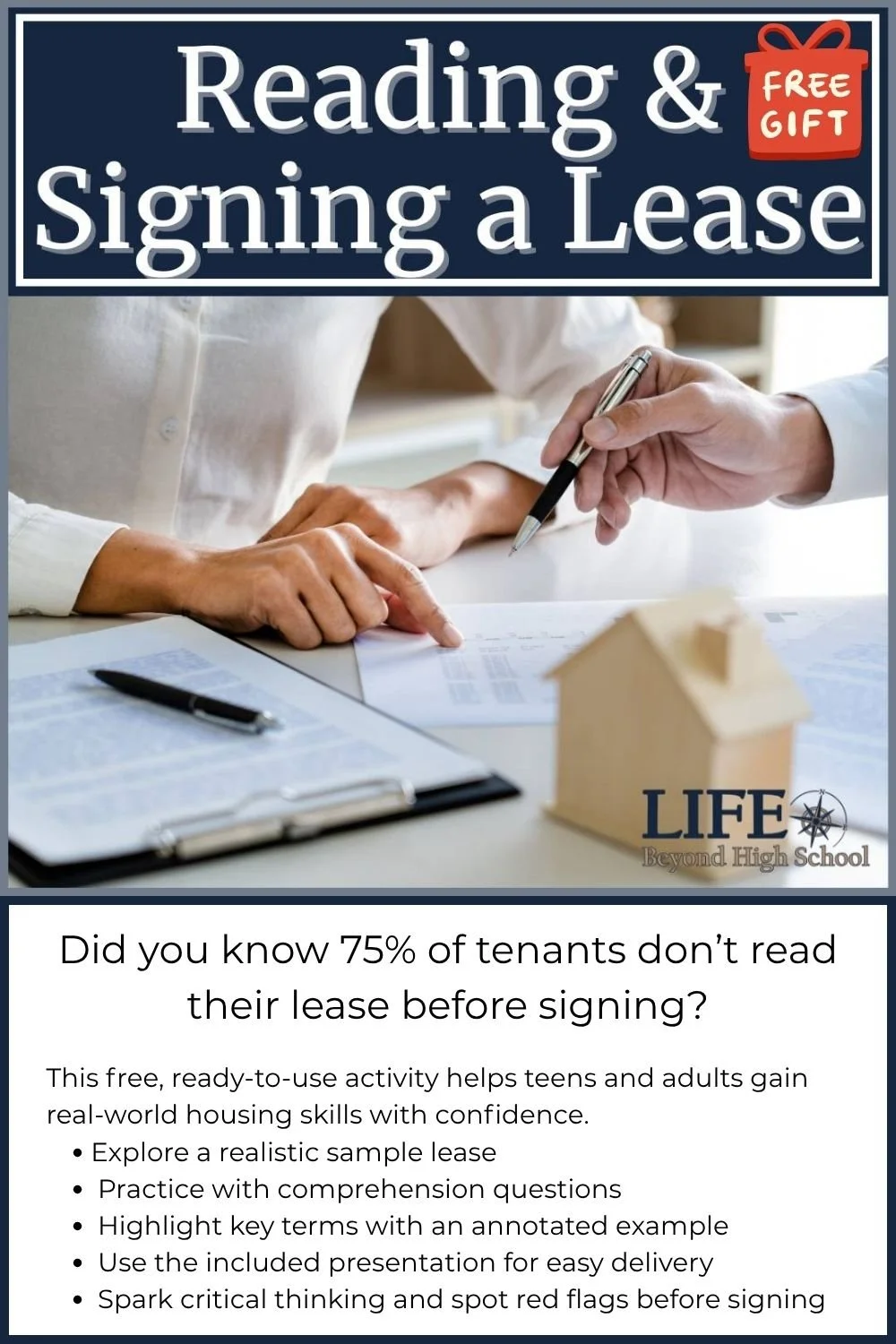 Reading and signing a lease activity which includes a sample lease, comprehension questions, and a brief presentation